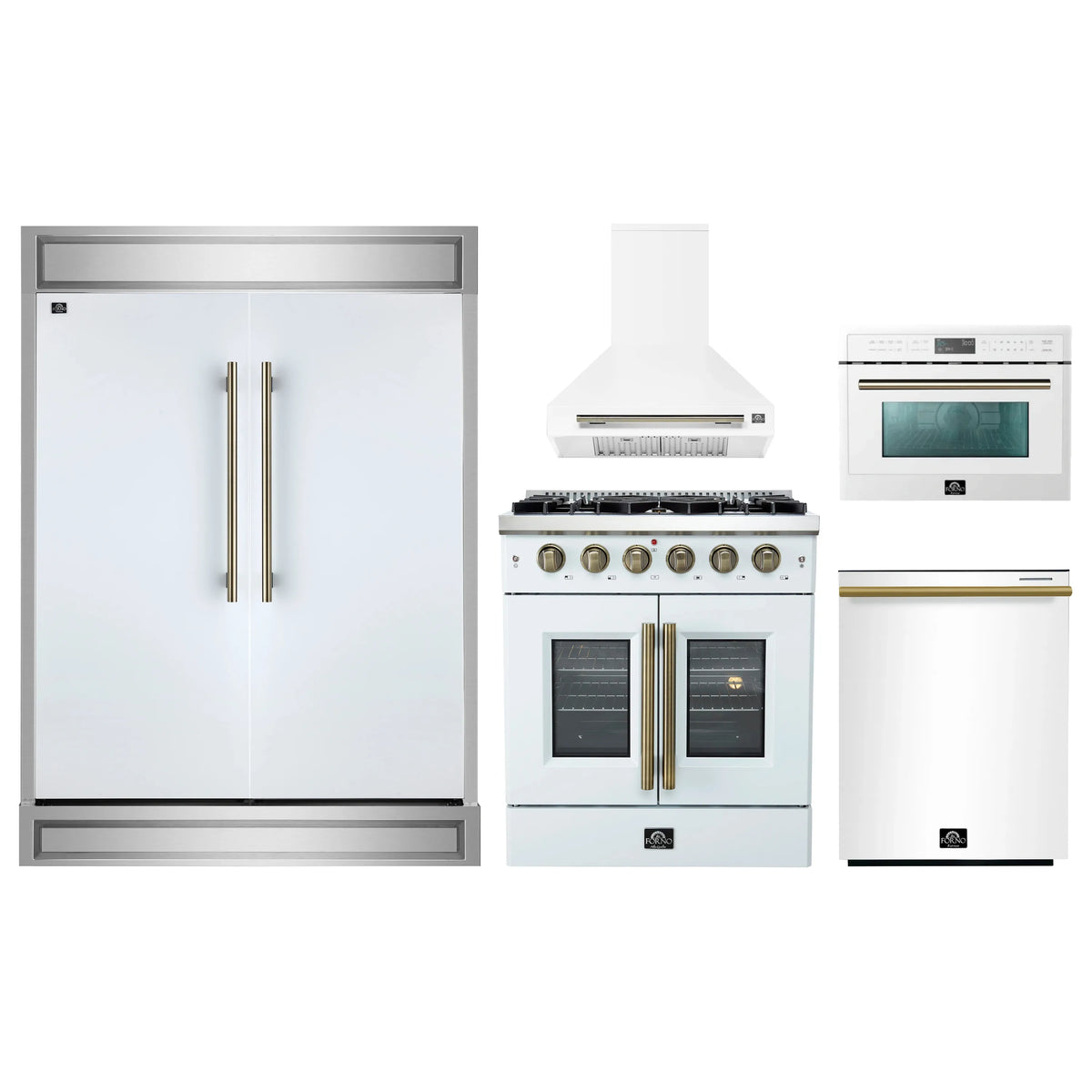 White kitchen appliance set: refrigerator, gas range, hood and countertop microwave