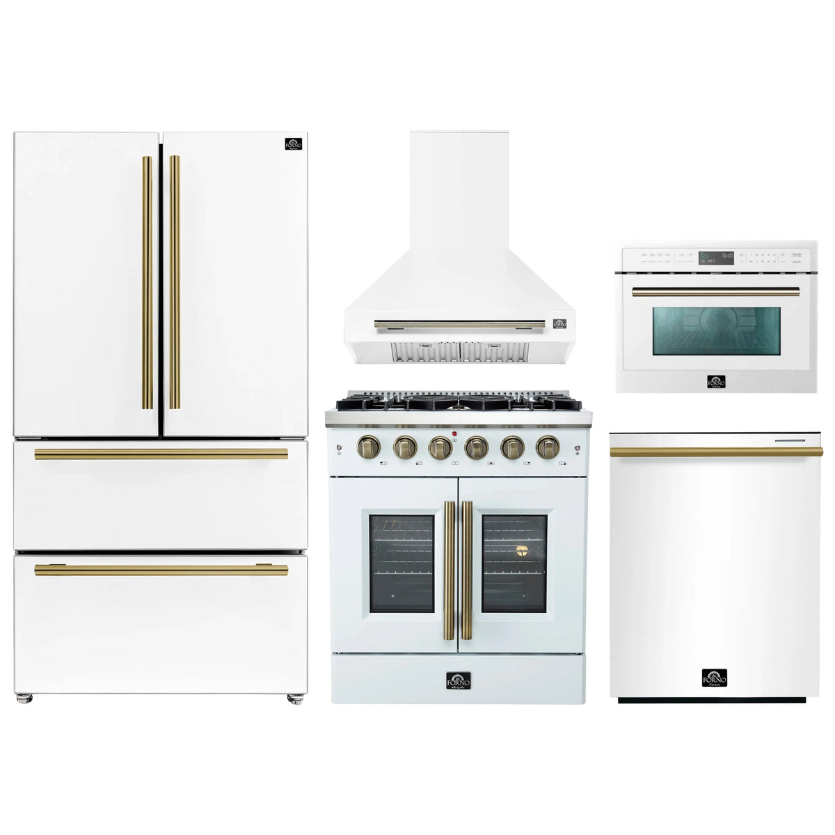 White 5-piece kitchen appliance set: refrigerator, gas range, hood, microwave, dishwasher