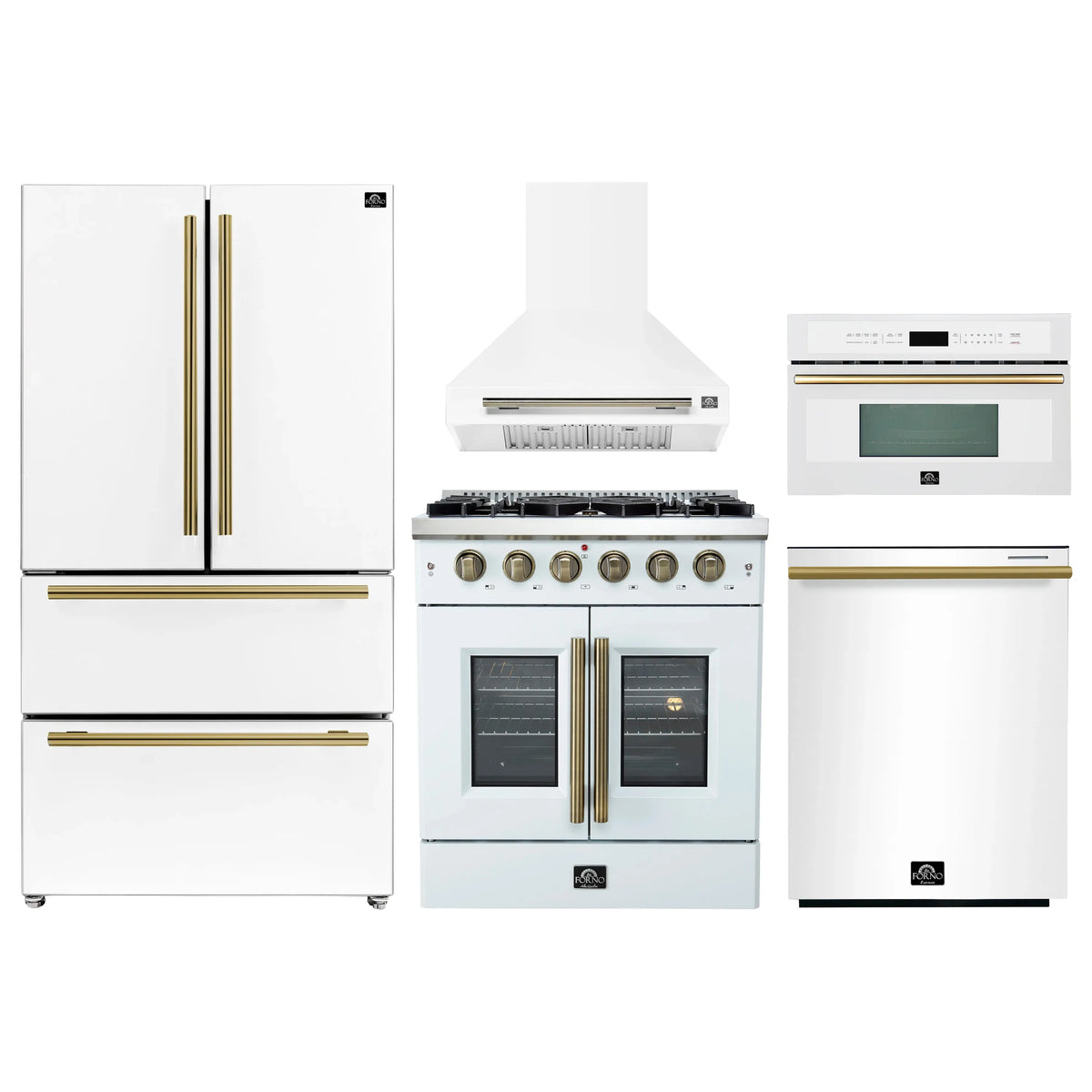 White appliance set: refrigerator, gas range, hood, microwave, and oven units