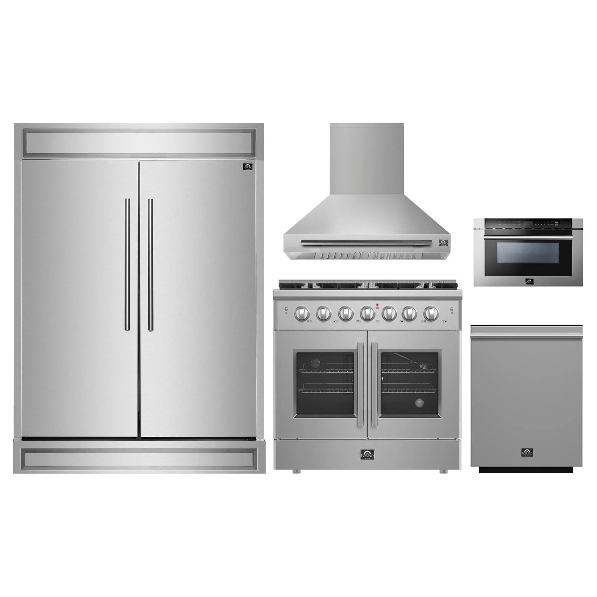 Stainless steel kitchen appliance set showing refrigerator, range, hood and oven