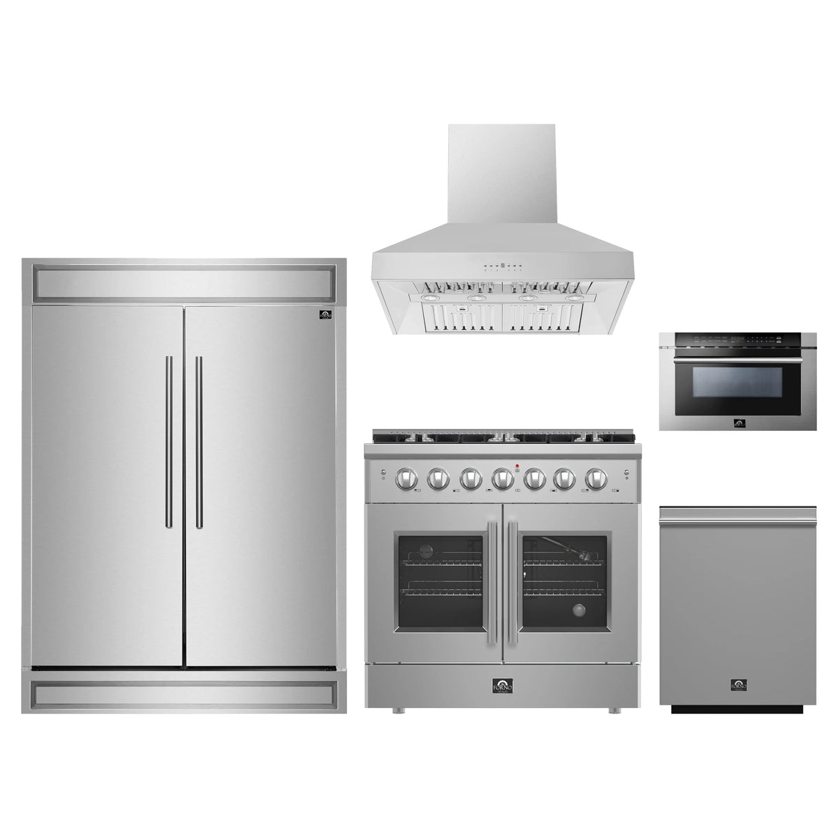 Forno 5-Piece Appliance Package - 36-inch Gas Range, Hood, Refrigerator, Dishwasher and 24-Inch Microwave Drawer in Stainless Steel
