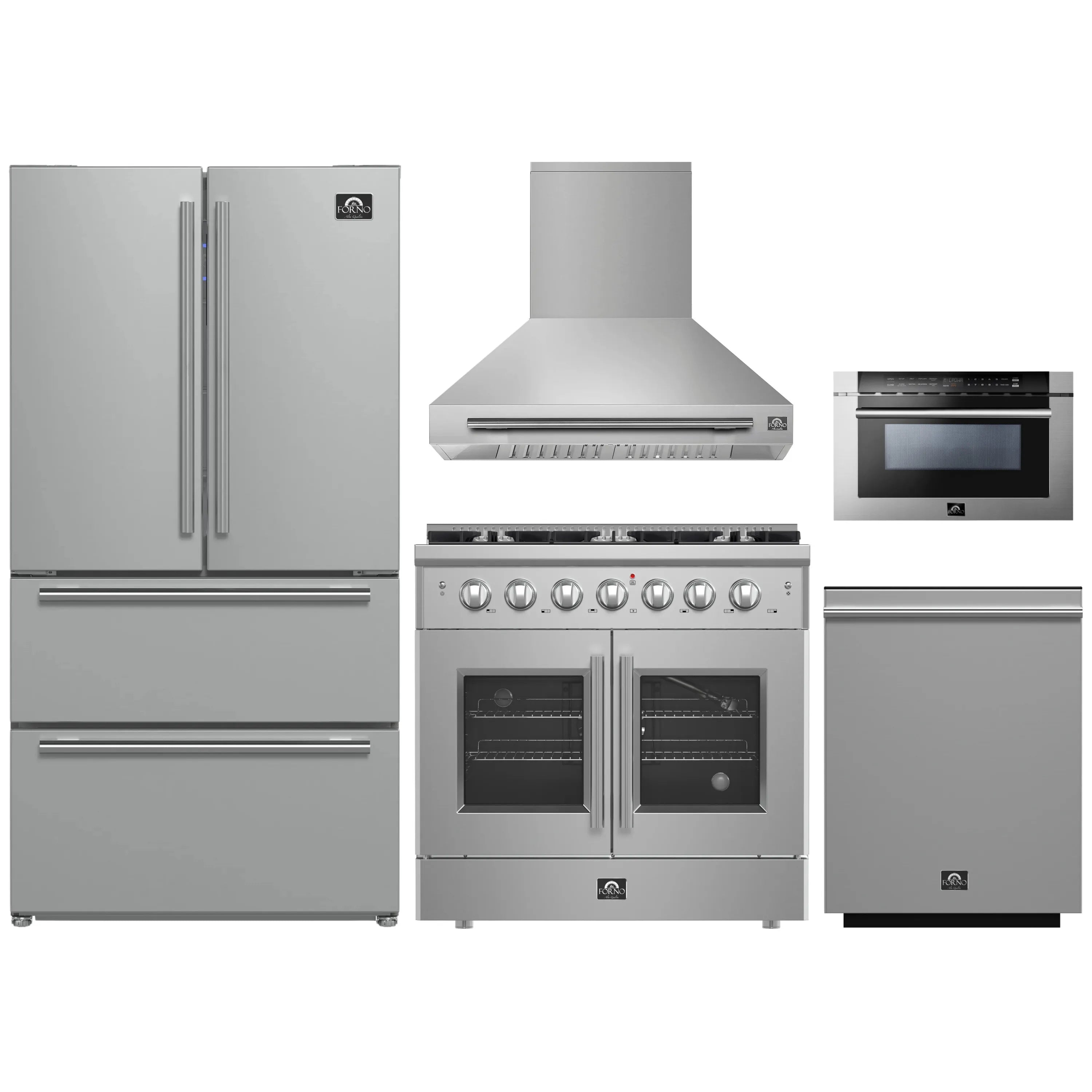 Stainless steel appliance set: refrigerator, gas range, hood, microwave drawer, dishwasher