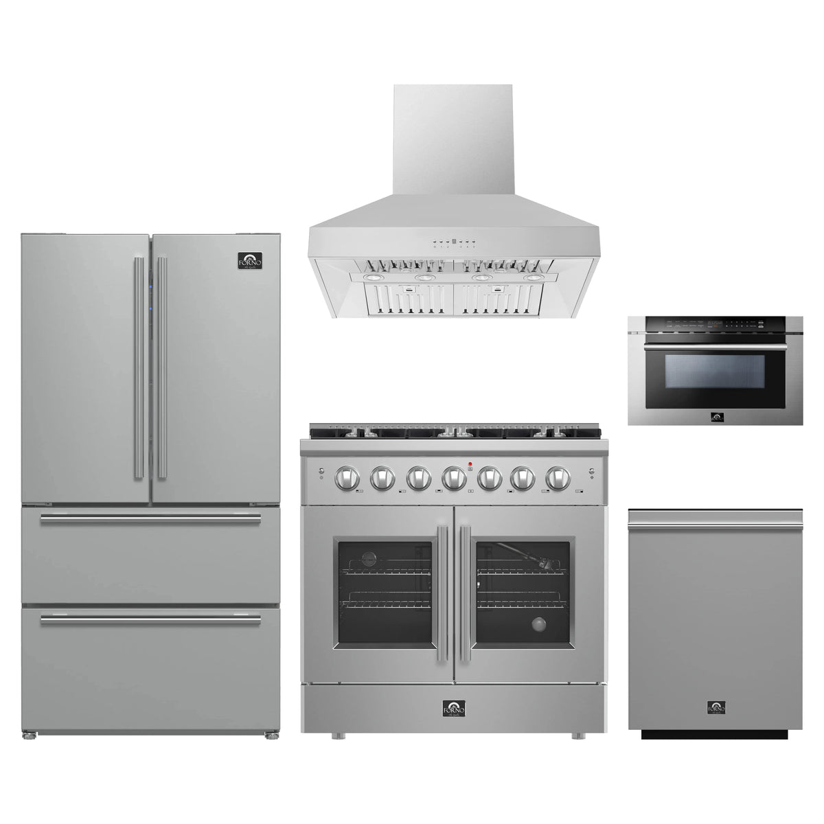 Forno 5-Piece Appliance Package - 36-inch Gas Range, Hood, Refrigerator, Dishwasher and 24-Inch Microwave Drawer in Stainless Steel