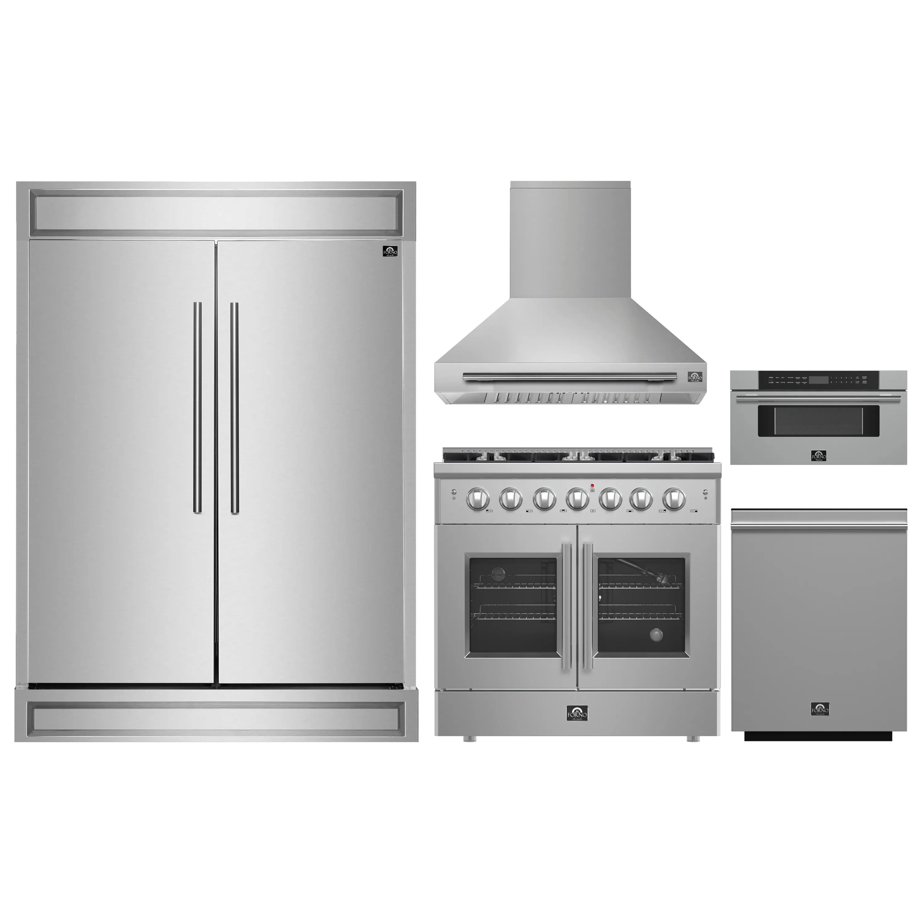 Forno 5-piece appliance package: stainless refrigerator, gas range with hood, microwave drawer, dishwasher