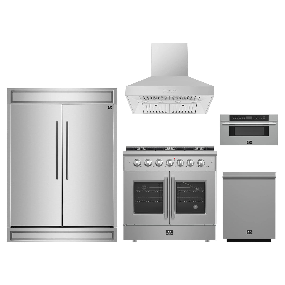 Forno 5-Piece Appliance Package - 36-inch Gas Range, Hood, Refrigerator, Dishwasher and 30-Inch Microwave Drawer in Stainless Steel