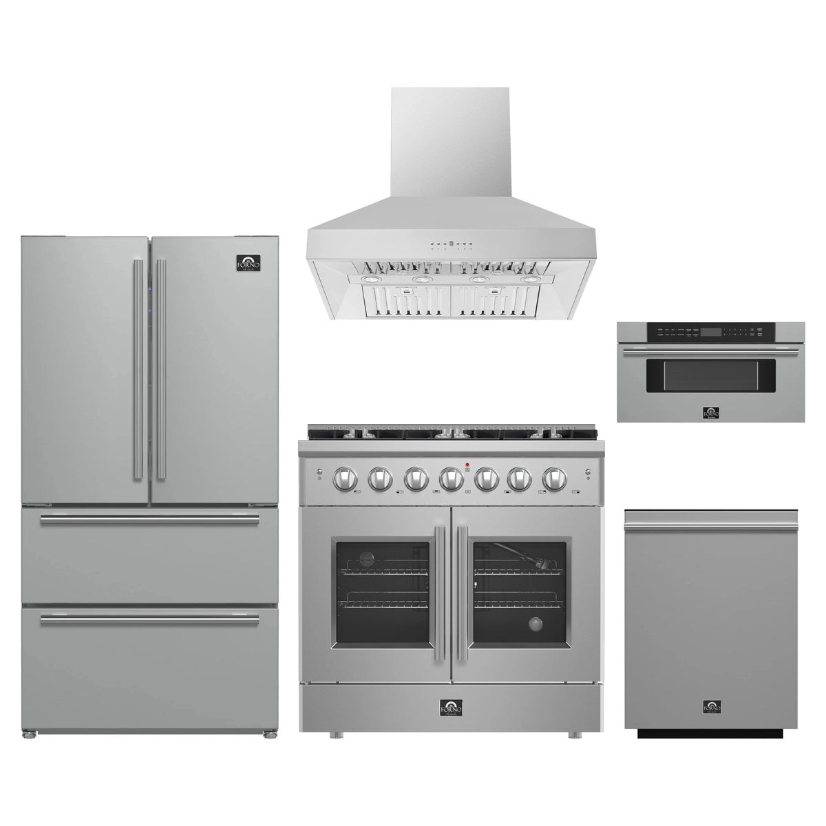 Forno 5-Piece Appliance Package - 36-inch Gas Range, Hood, Refrigerator, Dishwasher and 30-Inch Microwave Drawer in Stainless Steel