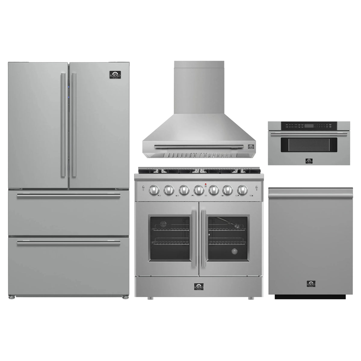 Stainless steel kitchen appliance set with refrigerator, gas range, hood and oven