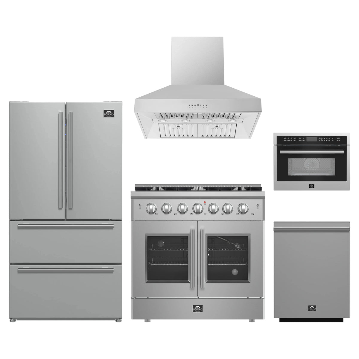 Forno 5-Piece Appliance Package - 36-inch Gas Range, Hood, Refrigerator, Dishwasher and 24-Inch Microwave Oven in Stainless Steel