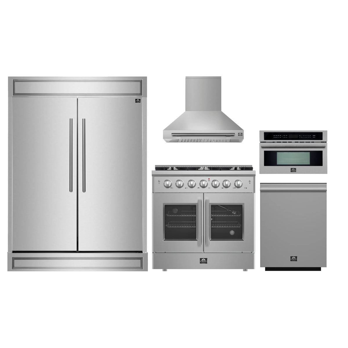 Stainless steel appliance set: refrigerator, oven range, hood, and microwave