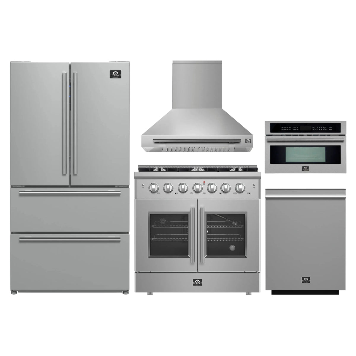 Stainless steel appliance set with refrigerator, gas range, hood, and microwave