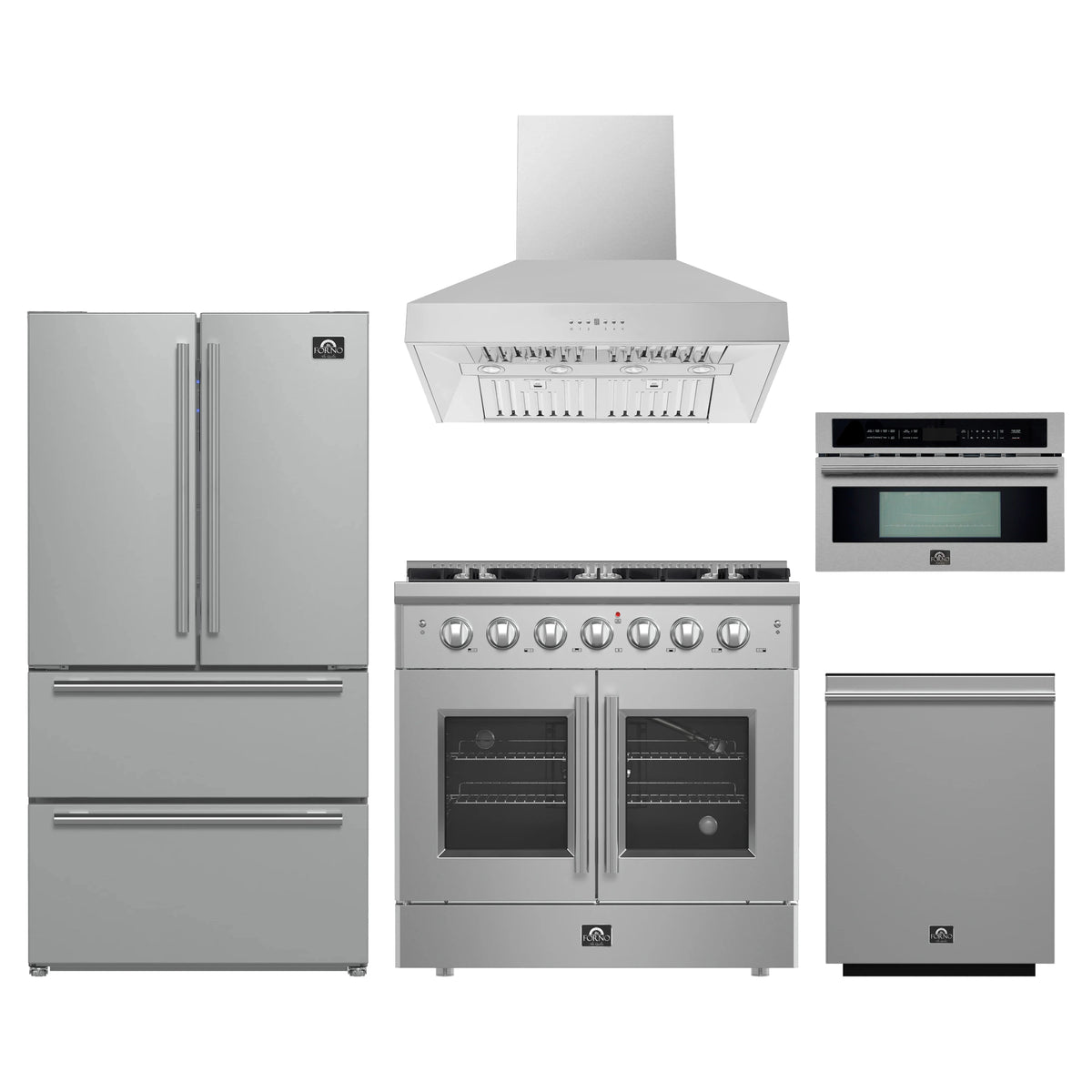 Forno 5-Piece Appliance Package - 36-inch Gas Range, Hood, Refrigerator, Dishwasher and 30-Inch Microwave Oven in Stainless Steel