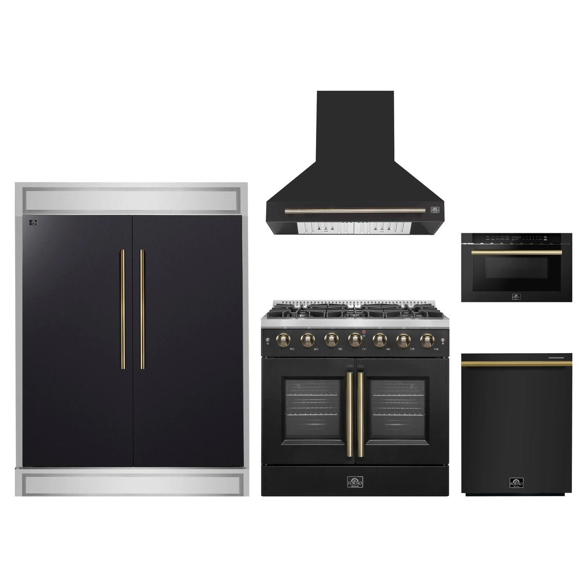 Forno 5-Piece Appliance Package - 36-inch Gas Range, Hood, Refrigerator, Dishwasher and 24-Inch Microwave Drawer in Black with Antique Brass Trim