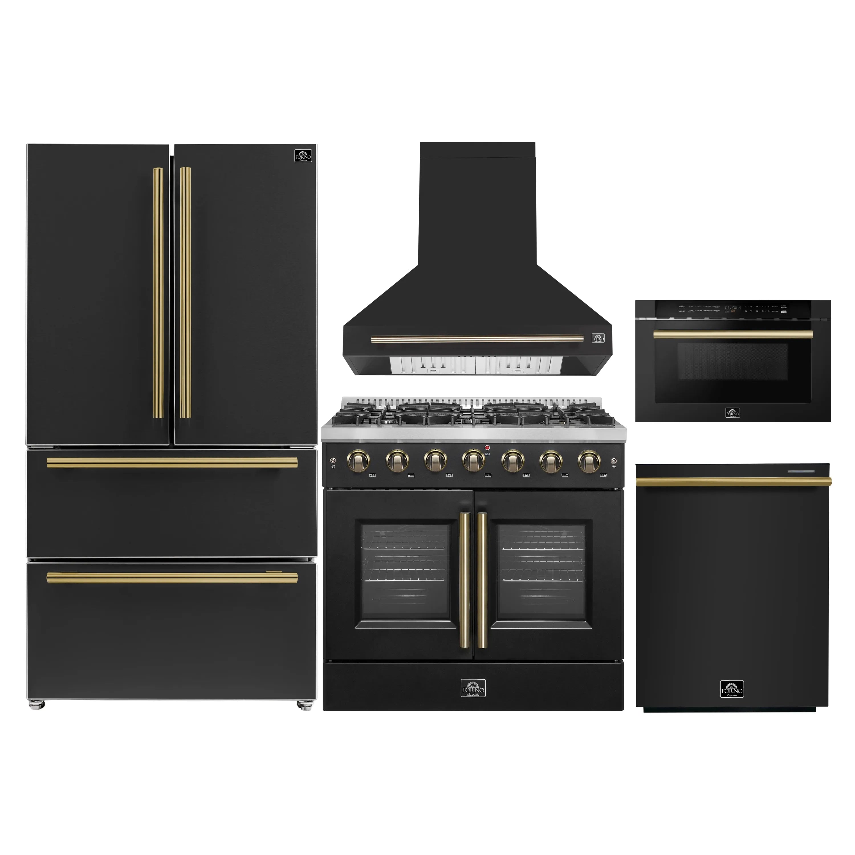 Black appliance package with range, hood, refrigerator, dishwasher and microwave drawer