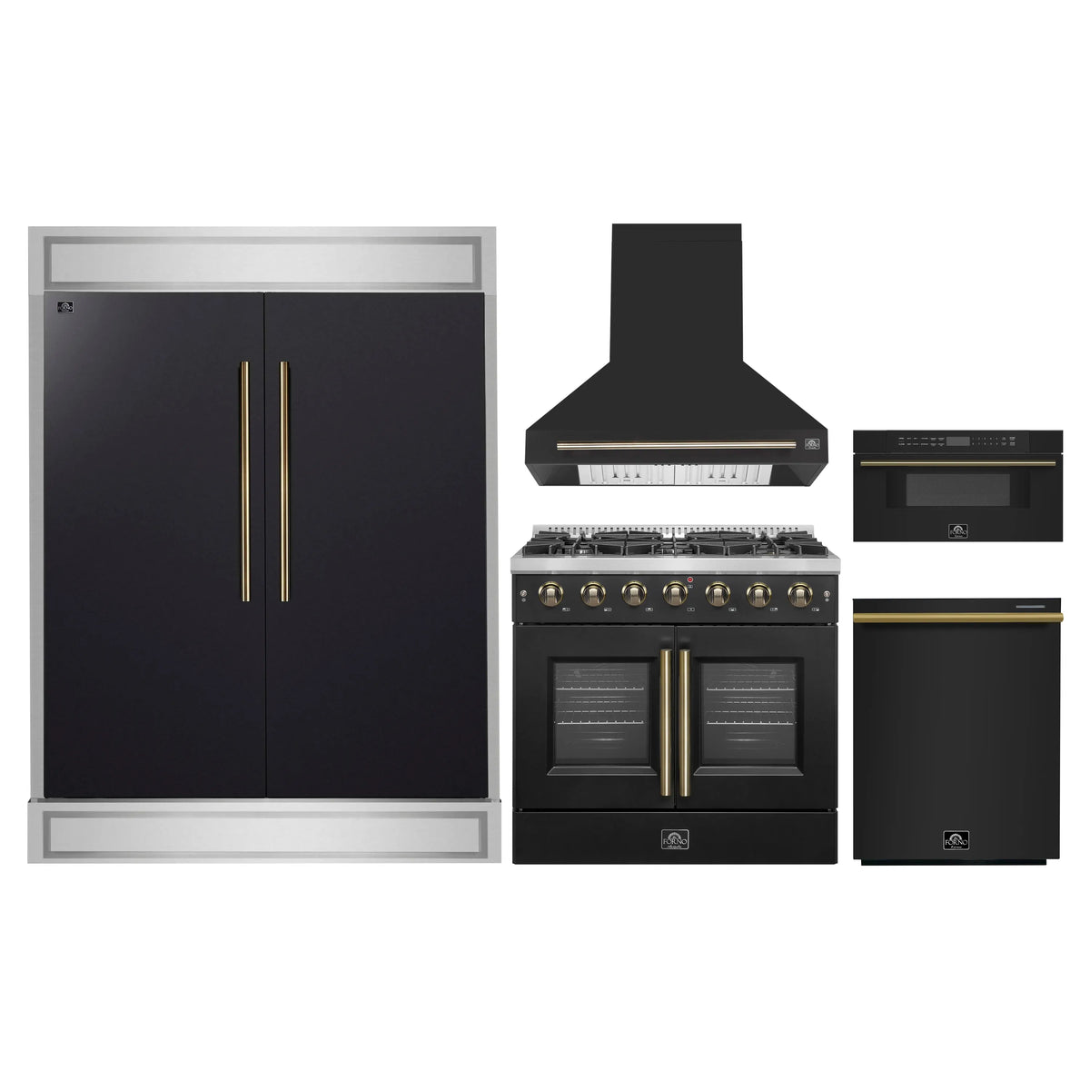 Black appliance package lineup: refrigerator, hood, range, microwave, oven, dishwasher