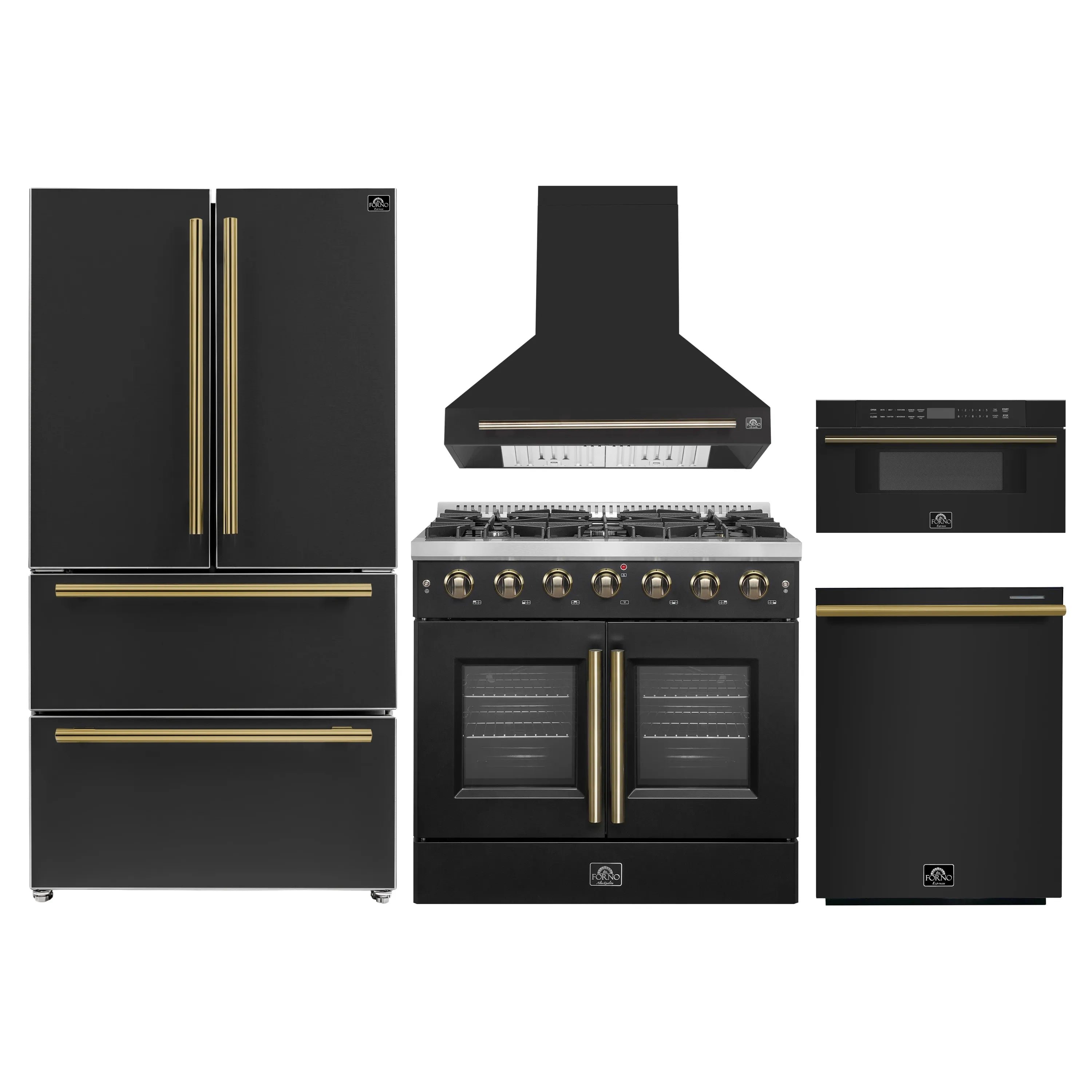 Black kitchen appliance set: refrigerator, range, hood, dishwasher, microwave