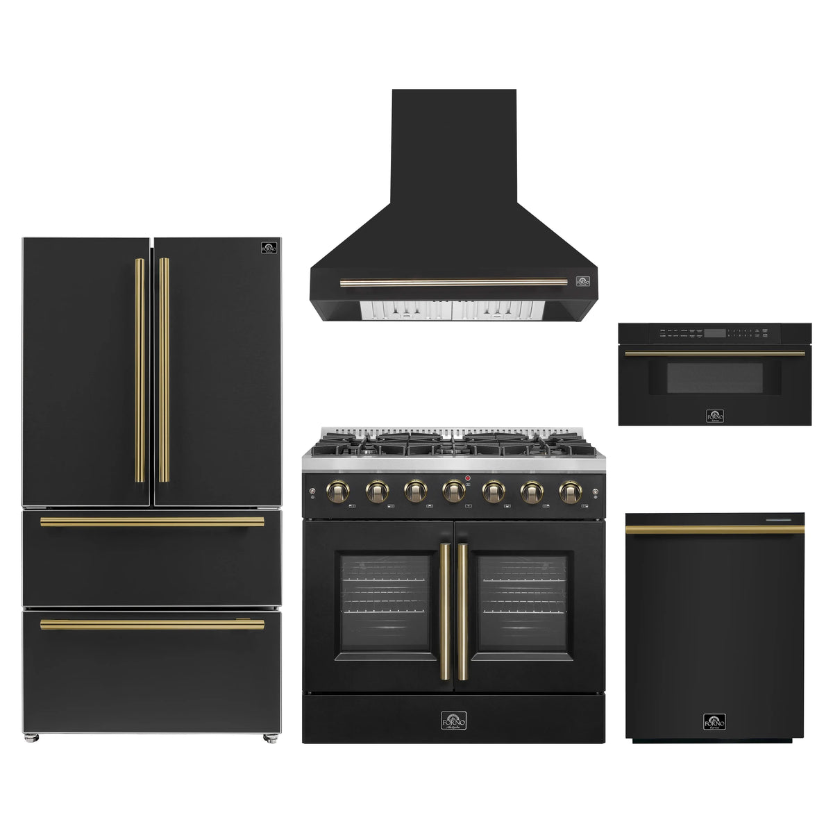 Forno 5-Piece Appliance Package - 36-inch Gas Range, Hood, Refrigerator, Dishwasher and 30-Inch Microwave Drawer in Black with Antique Brass Trim