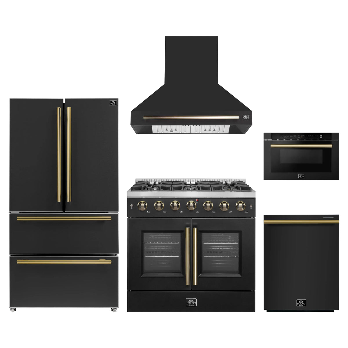 Forno 5-Piece Appliance Package - 36-inch Gas Range, Hood, Refrigerator, Dishwasher and 24-Inch Microwave Drawer in Black with Antique Brass Trim