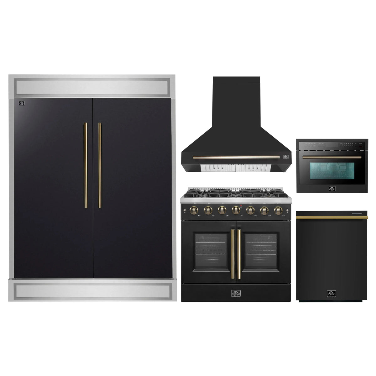 Black appliance package set with refrigerator, gas range, hood, dishwasher, microwave