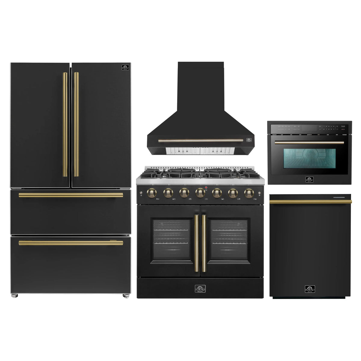 Black appliance set with gas range, hood, refrigerator, and built-in microwave