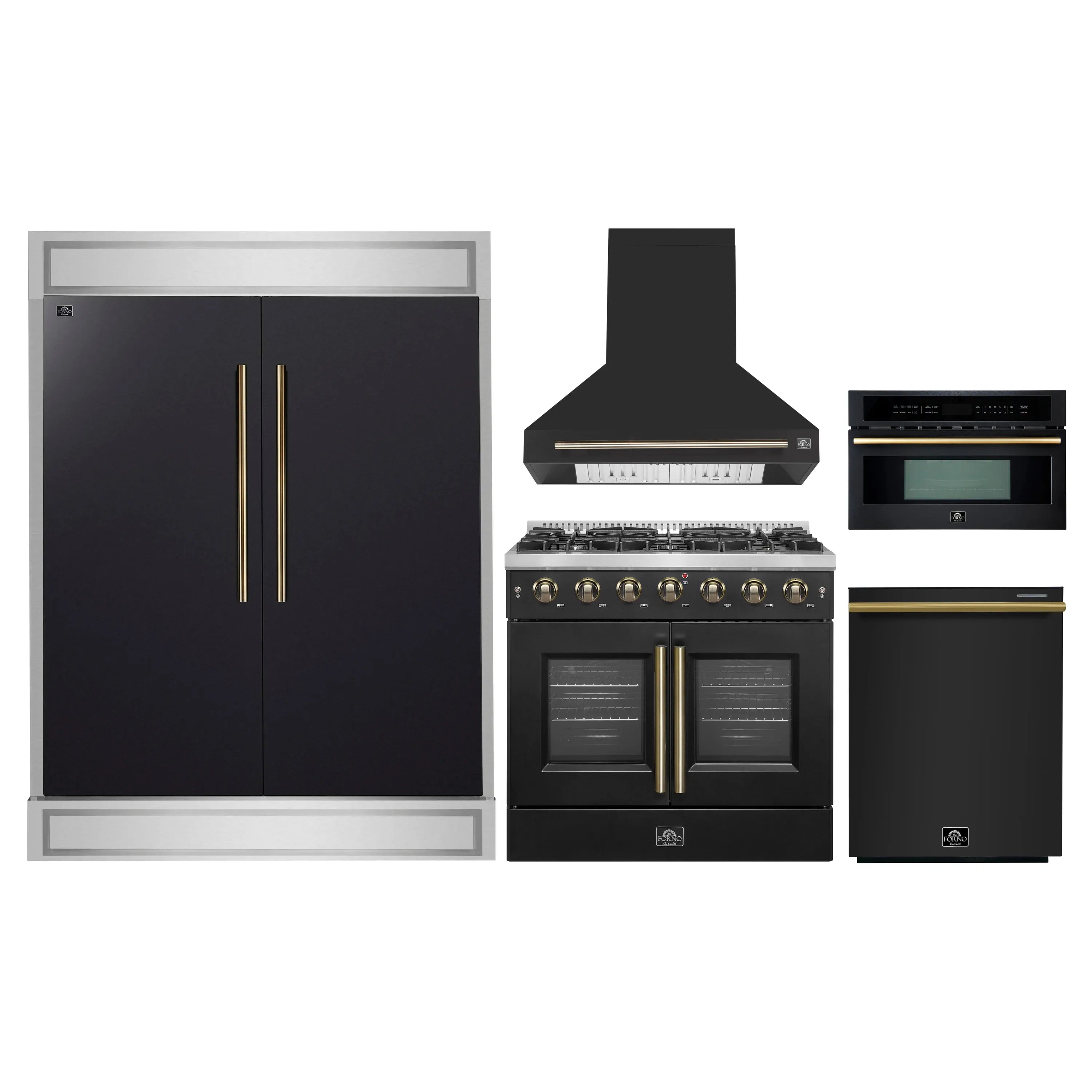 Black built-in kitchen appliance set with brass handles and accents
