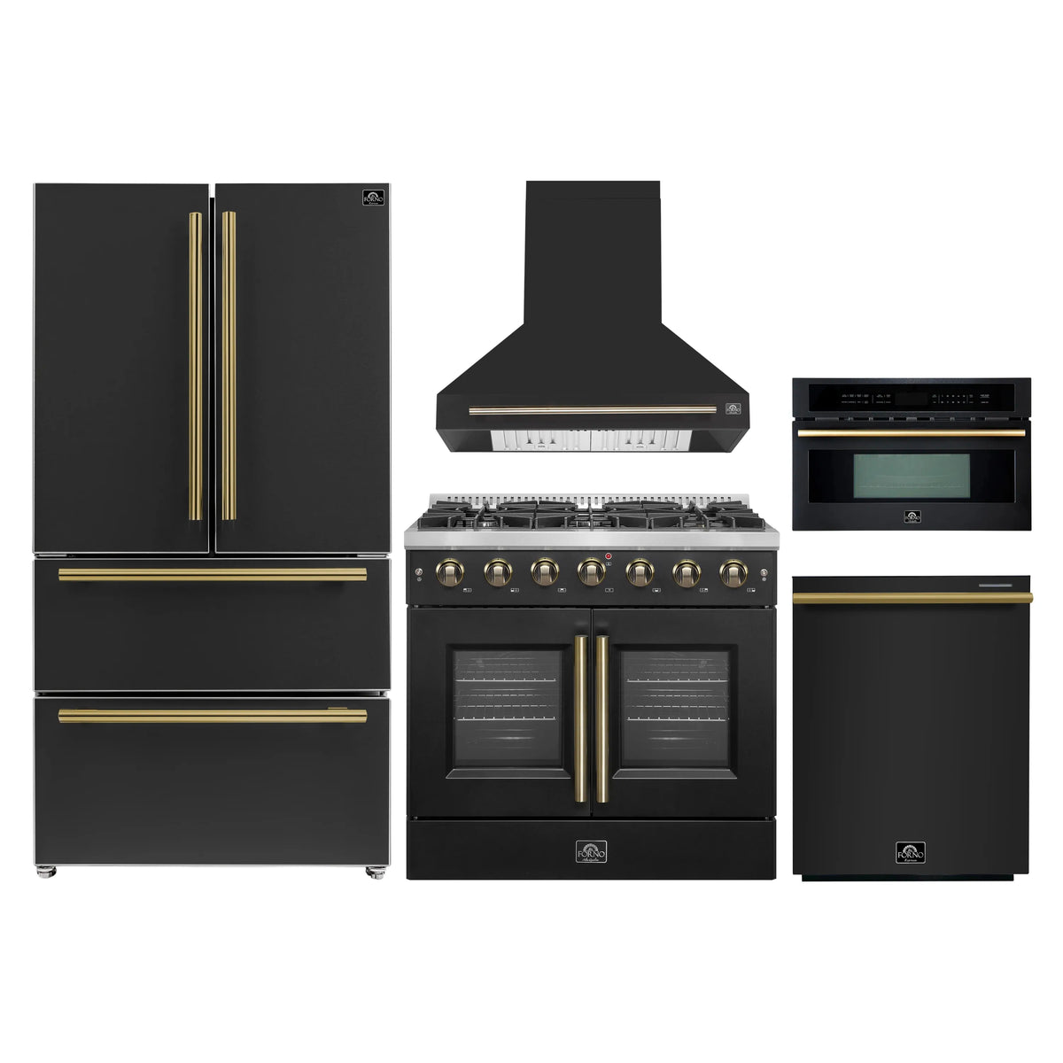 Black kitchen appliance set: refrigerator, gas range, hood, microwave, dishwasher