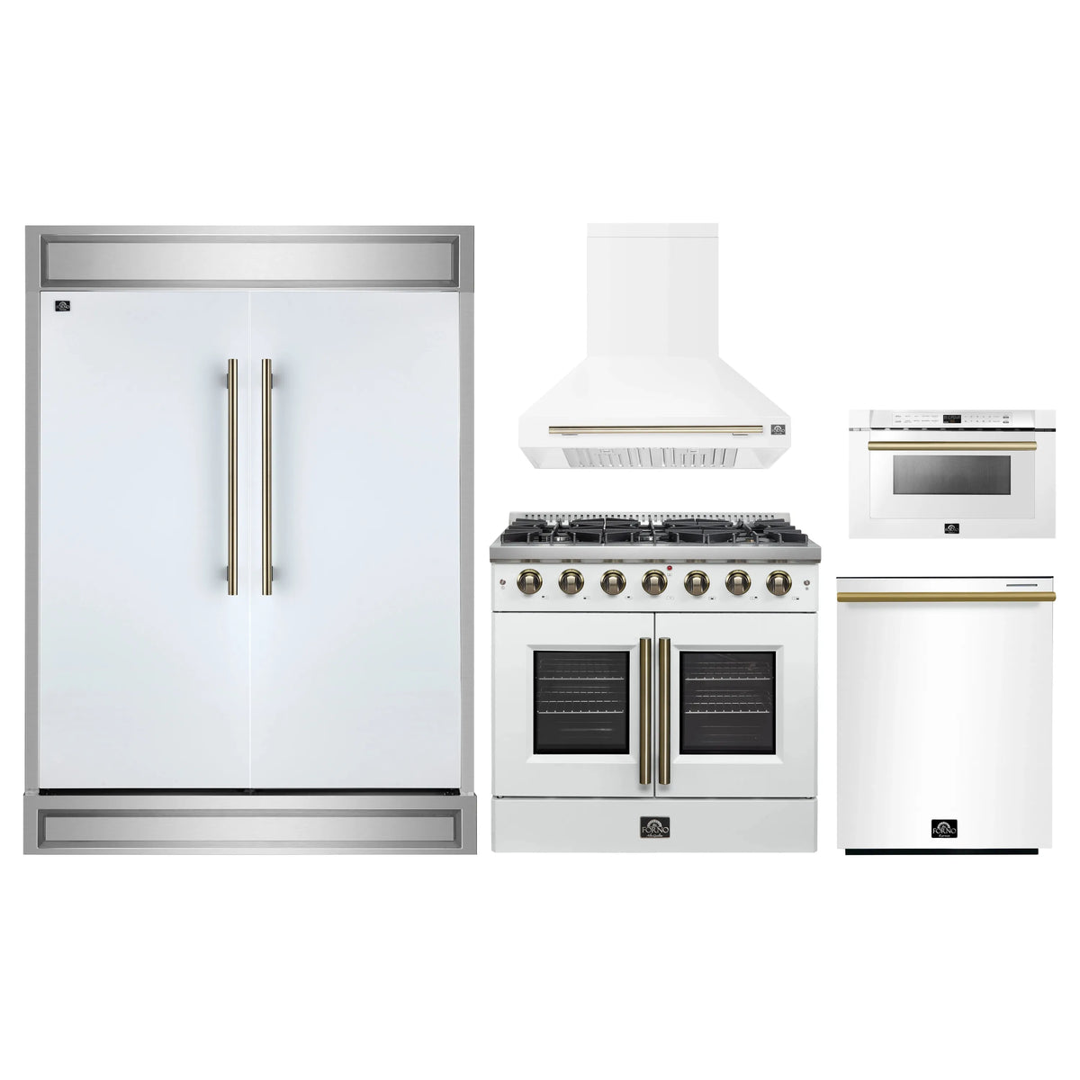 White appliance package: refrigerator, gas range, hood, microwave drawer, and dishwasher