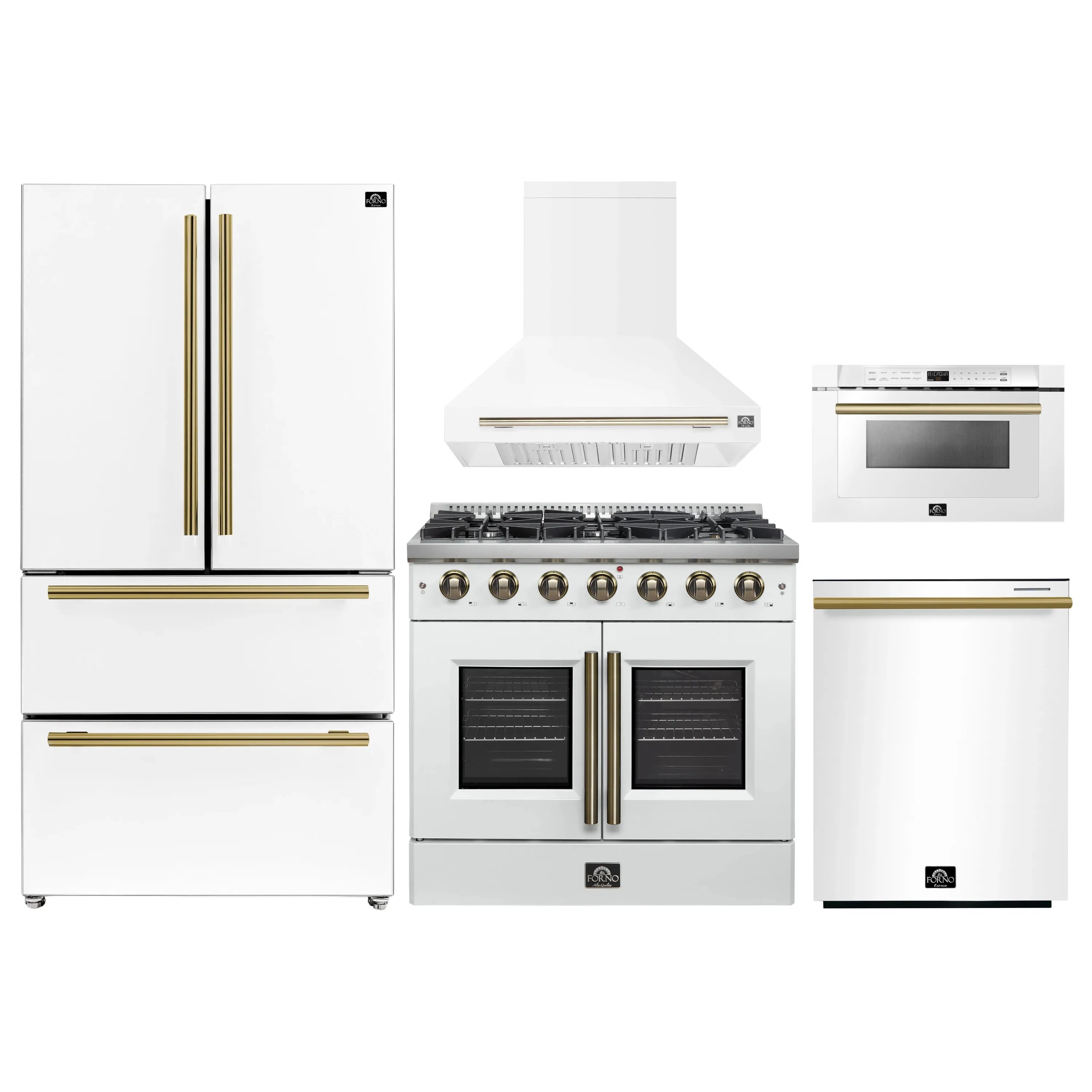 White kitchen appliance package with range, hood, refrigerator and microwave