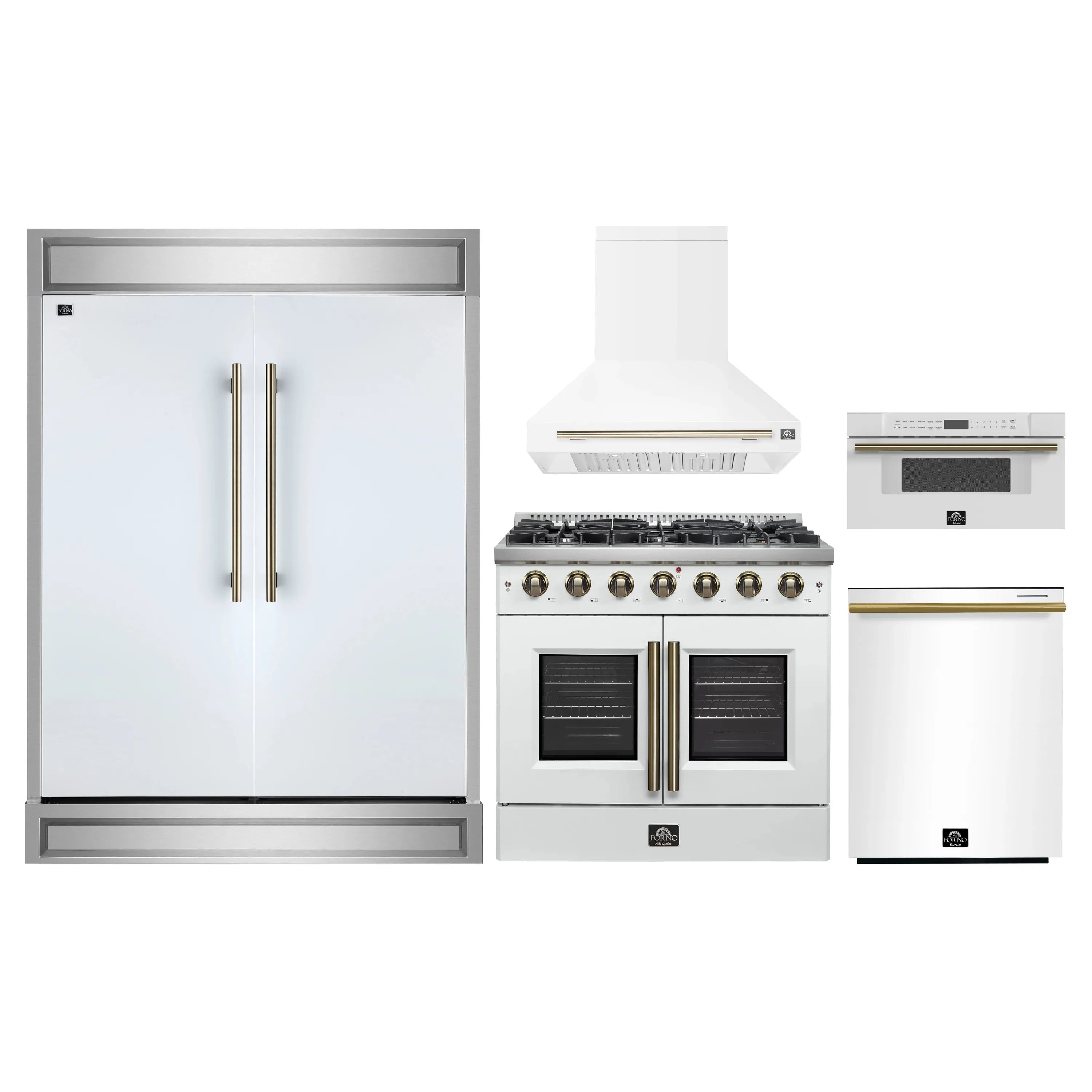 White kitchen appliance package with refrigerator, gas range, hood, and dishwasher