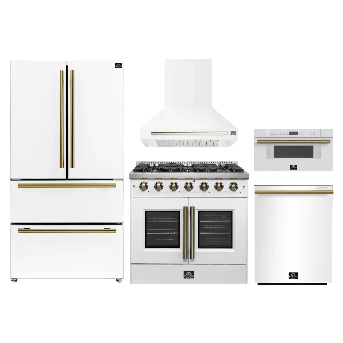 White kitchen appliance set with refrigerator, gas range, hood, dishwasher, microwave drawer