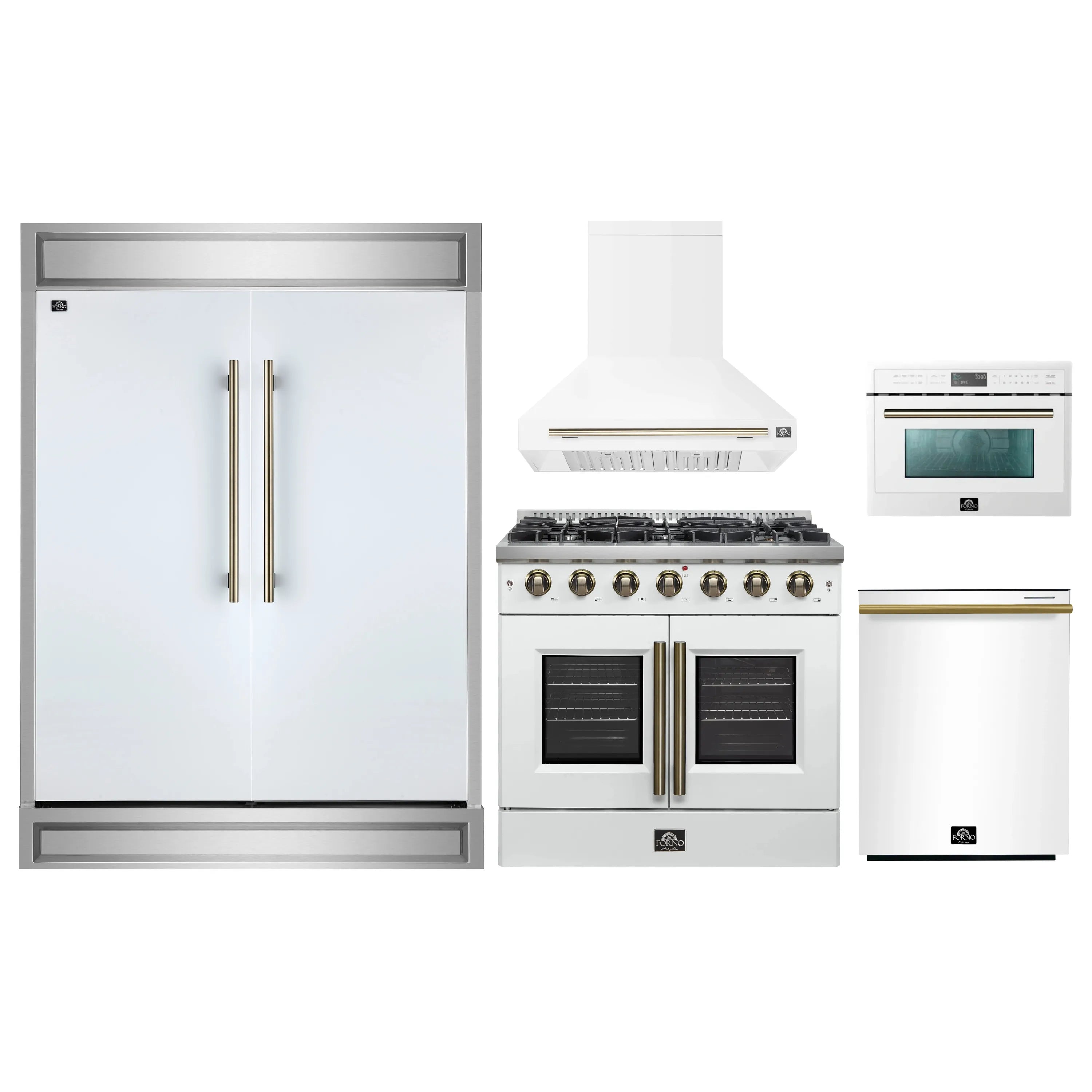 White appliance package featuring gas range with hood, microwave, and refrigerator units