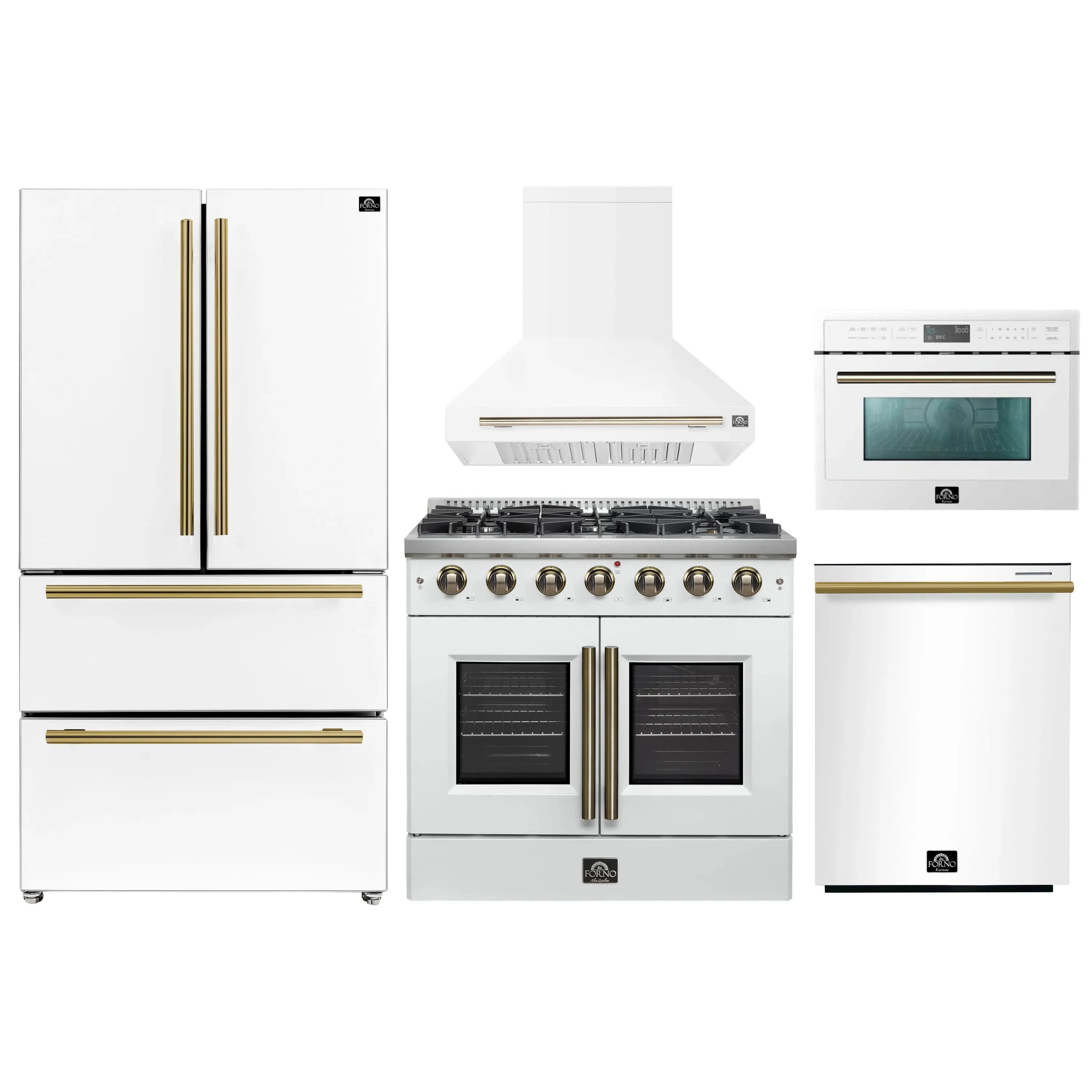 White appliance set with refrigerator, gas range, hood, and microwave