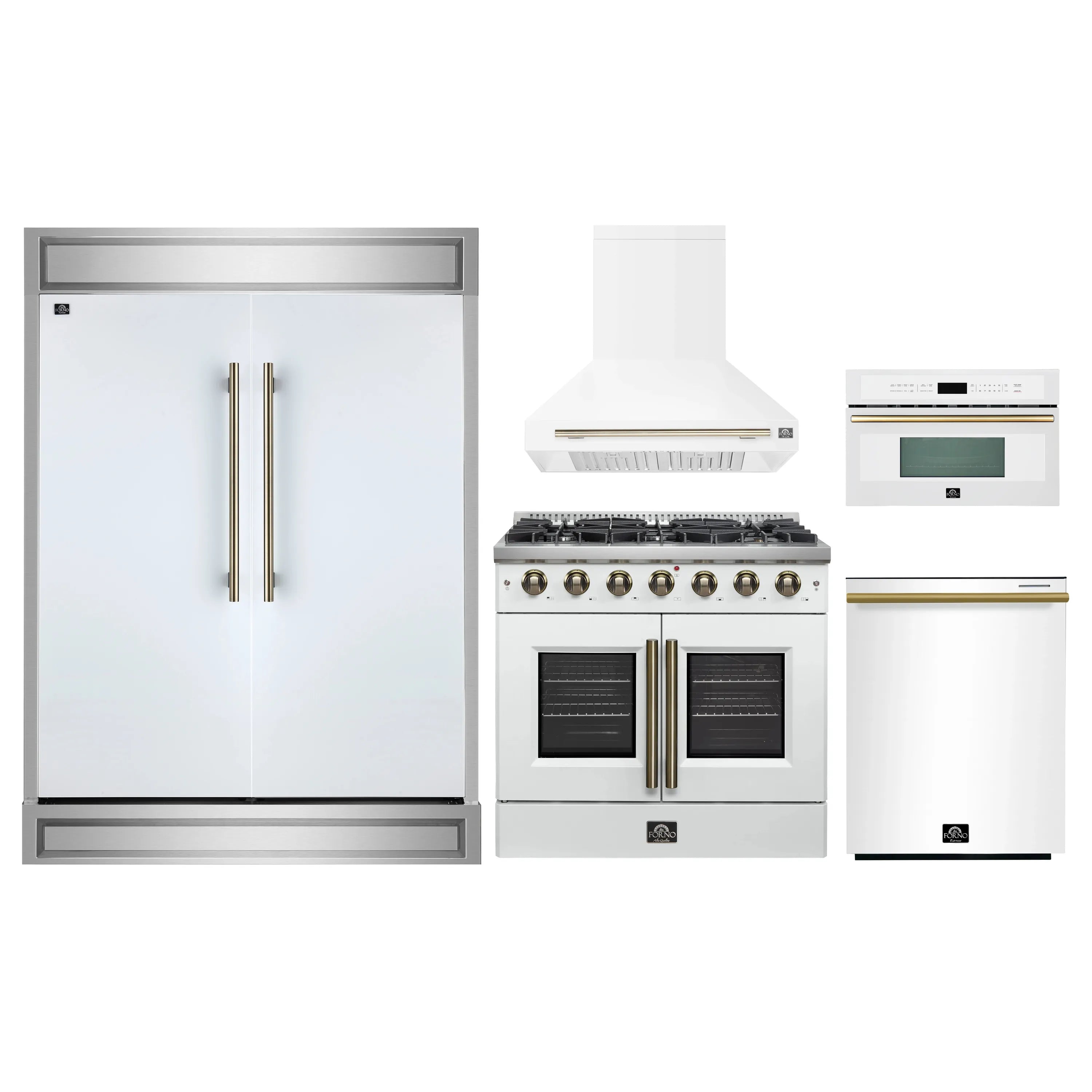 White 36-inch gas range with dual ovens, stainless knobs, and matching microwave, hood, fridge, dishwasher