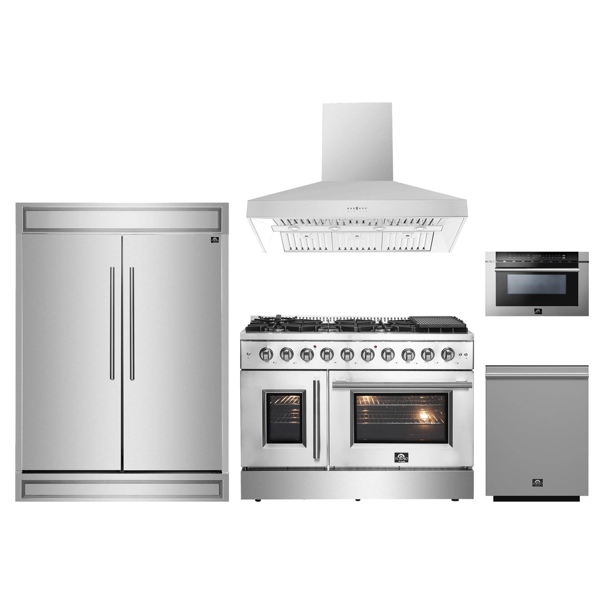 Forno 5-Piece Appliance Package - 48-inch Gas Range, Hood, Refrigerator, Dishwasher and 24-Inch Microwave Drawer in Stainless Steel