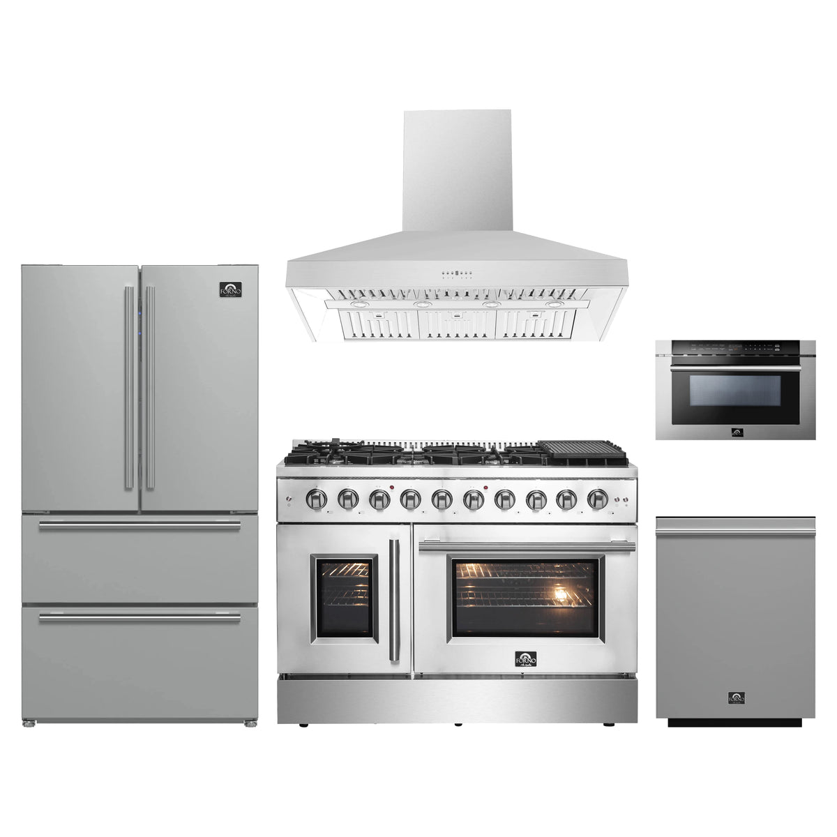 Forno 5-Piece Appliance Package - 48-inch Gas Range, Hood, Refrigerator, Dishwasher and 24-Inch Microwave Drawer in Stainless Steel