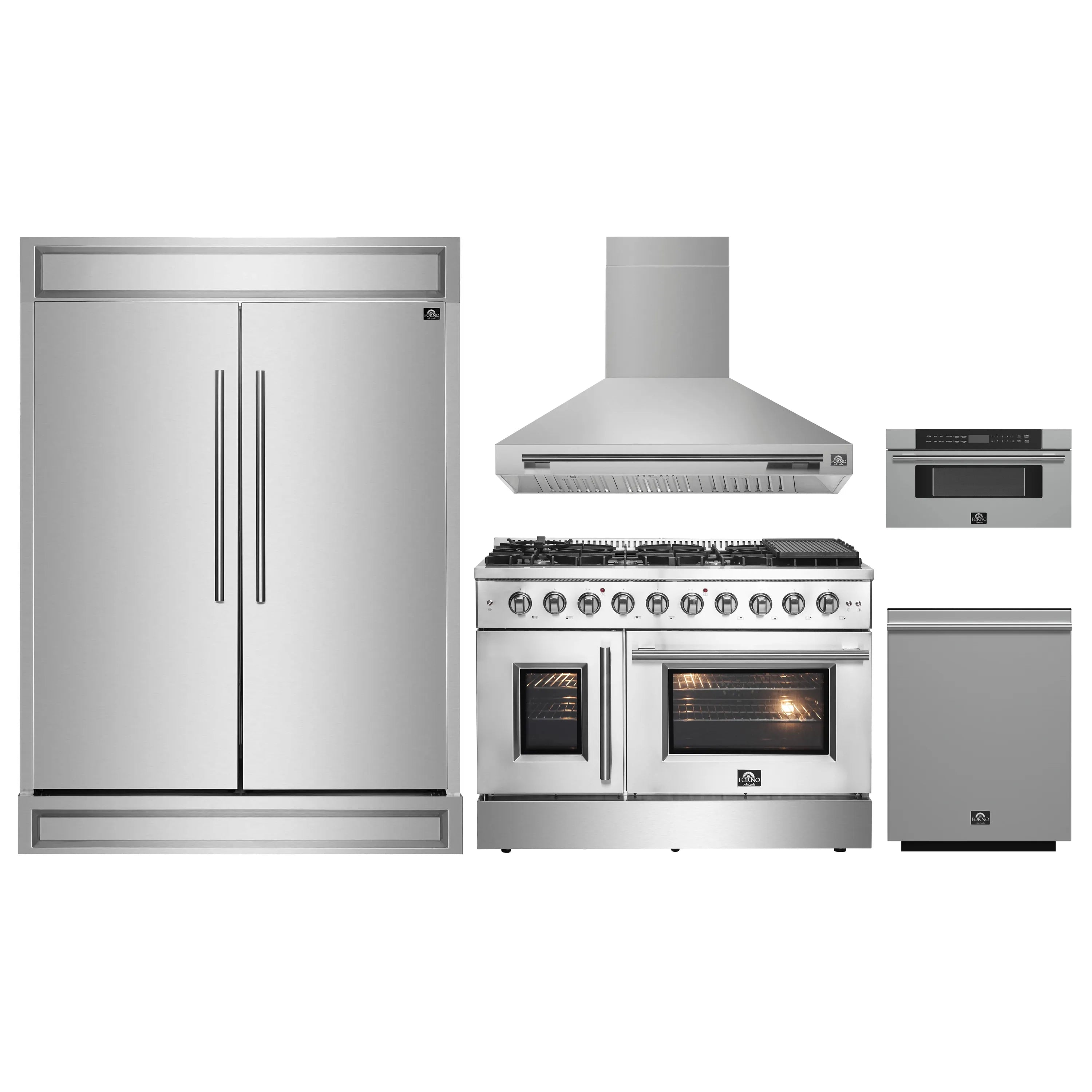 Stainless steel appliance package set with refrigerator, range, hood, and microwave