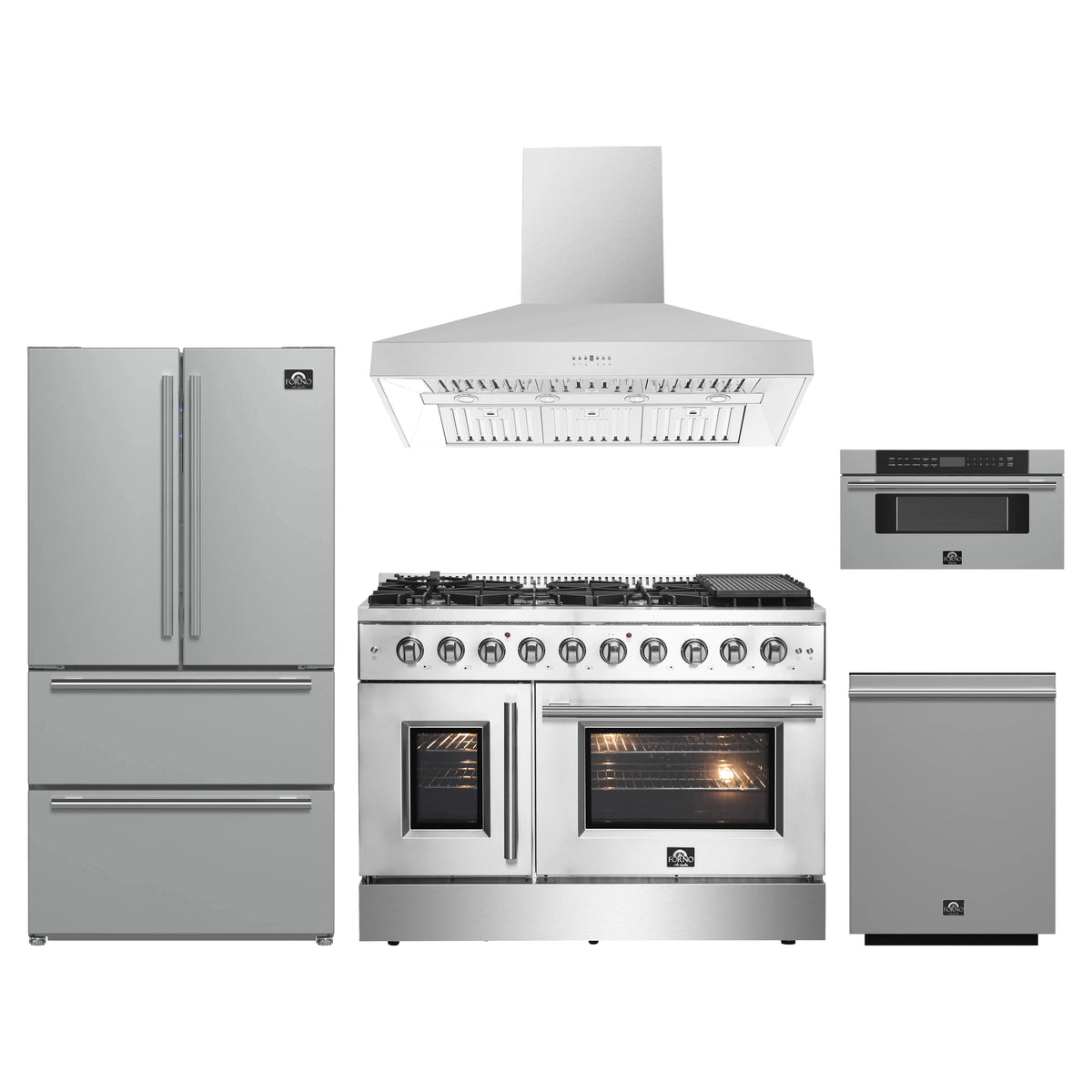 Forno 5-Piece Appliance Package - 48-inch Gas Range, Hood, Refrigerator, Dishwasher and 30-Inch Microwave Drawer in Stainless Steel