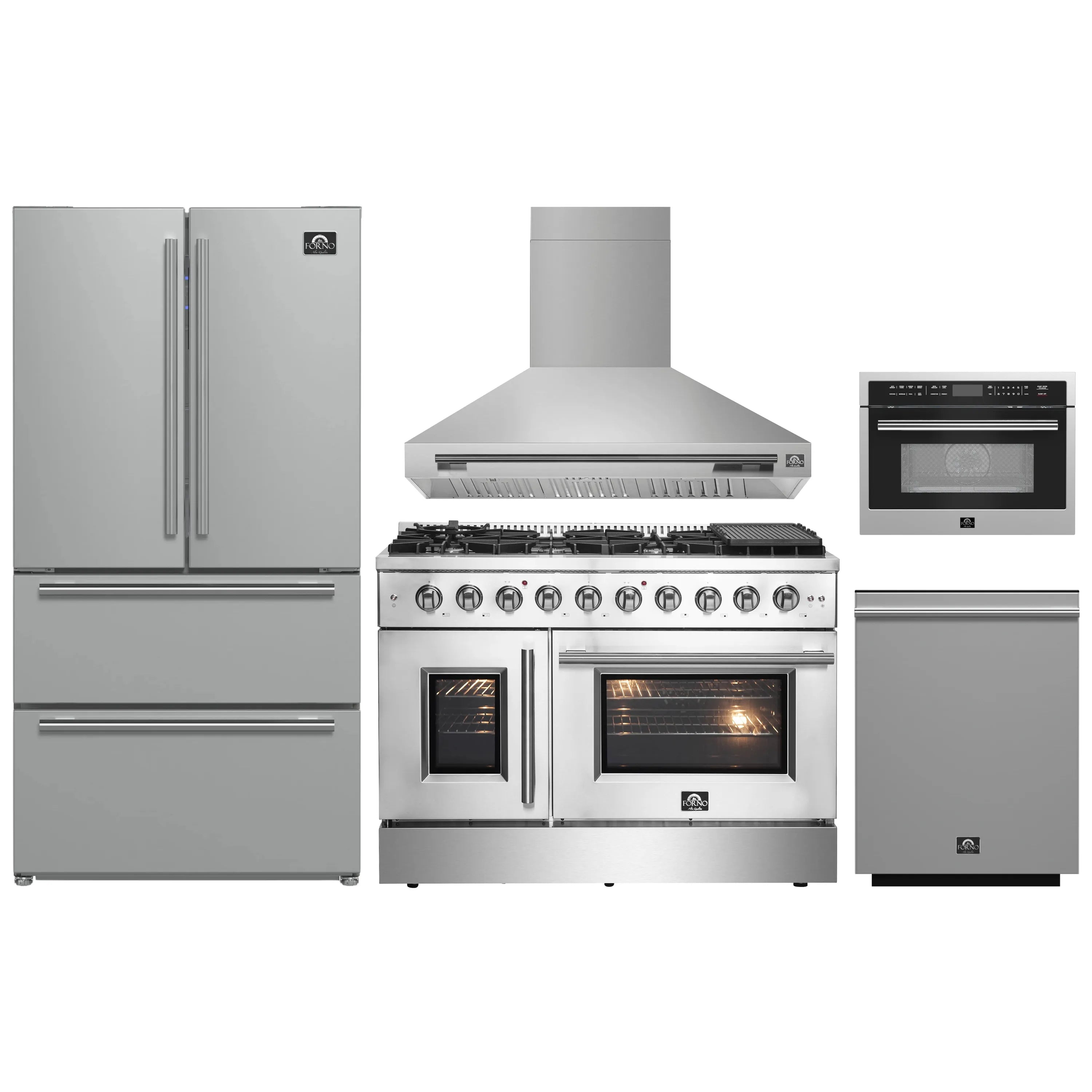 Kitchen appliance set: stainless refrigerator, gas range, hood, dishwasher, and microwave
