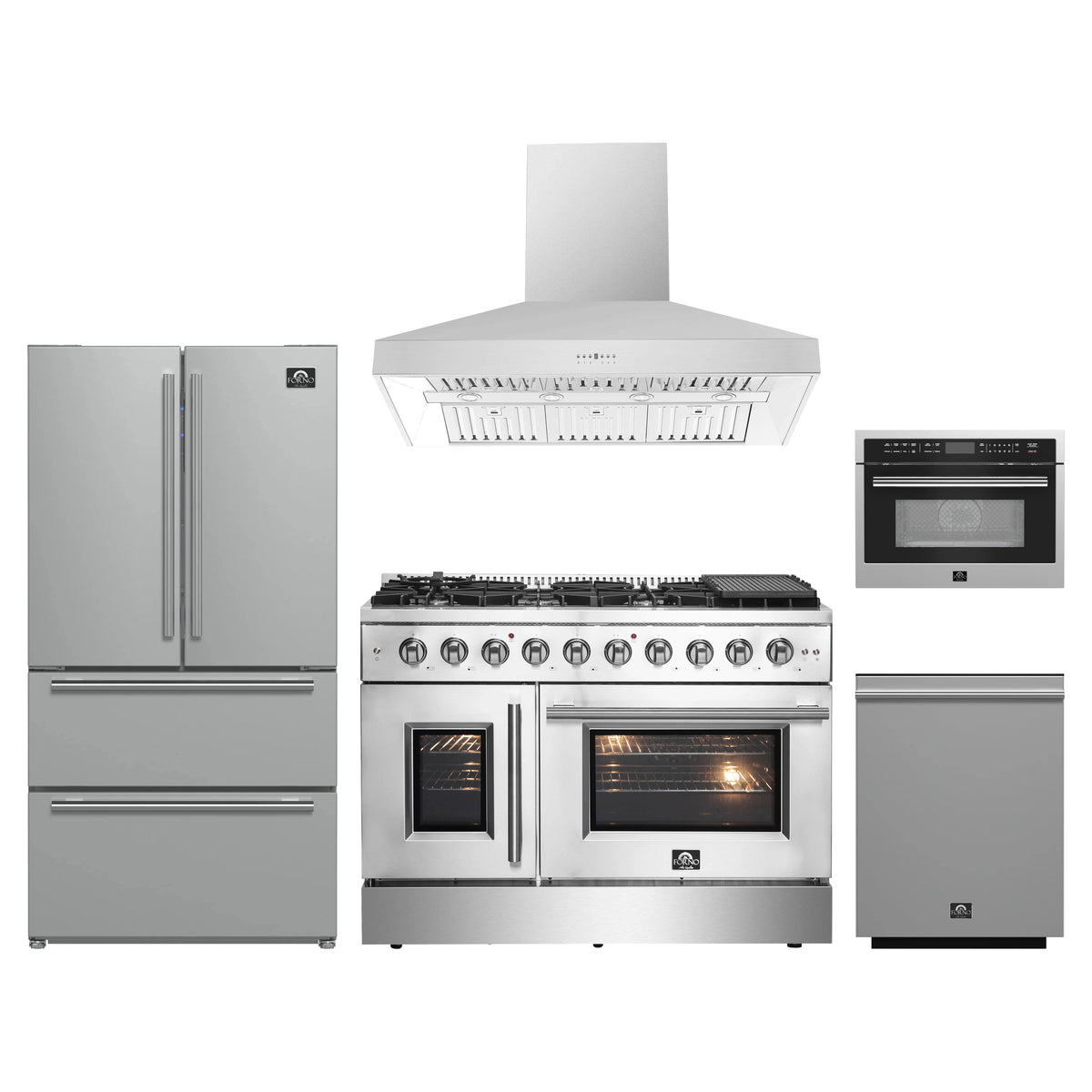 Forno 5-Piece Appliance Package - 48-inch Gas Range, Hood, Refrigerator, Dishwasher and 24-Inch Microwave Oven in Stainless Steel