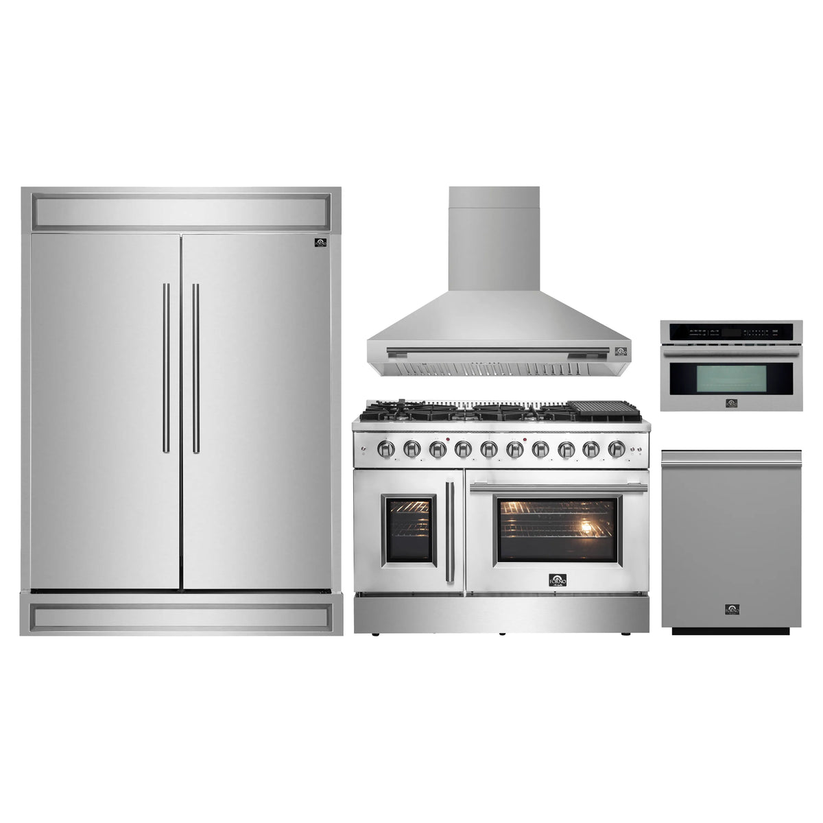 Stainless steel appliance package with refrigerator, range, hood, and oven