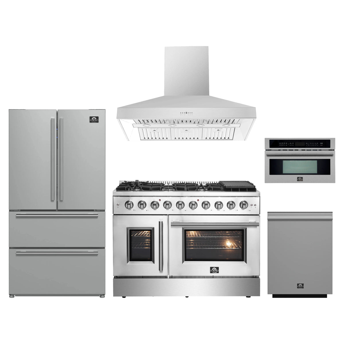 Forno 5-Piece Appliance Package - 48-inch Gas Range, Hood, Refrigerator, Dishwasher and 30-Inch Microwave Oven in Stainless Steel