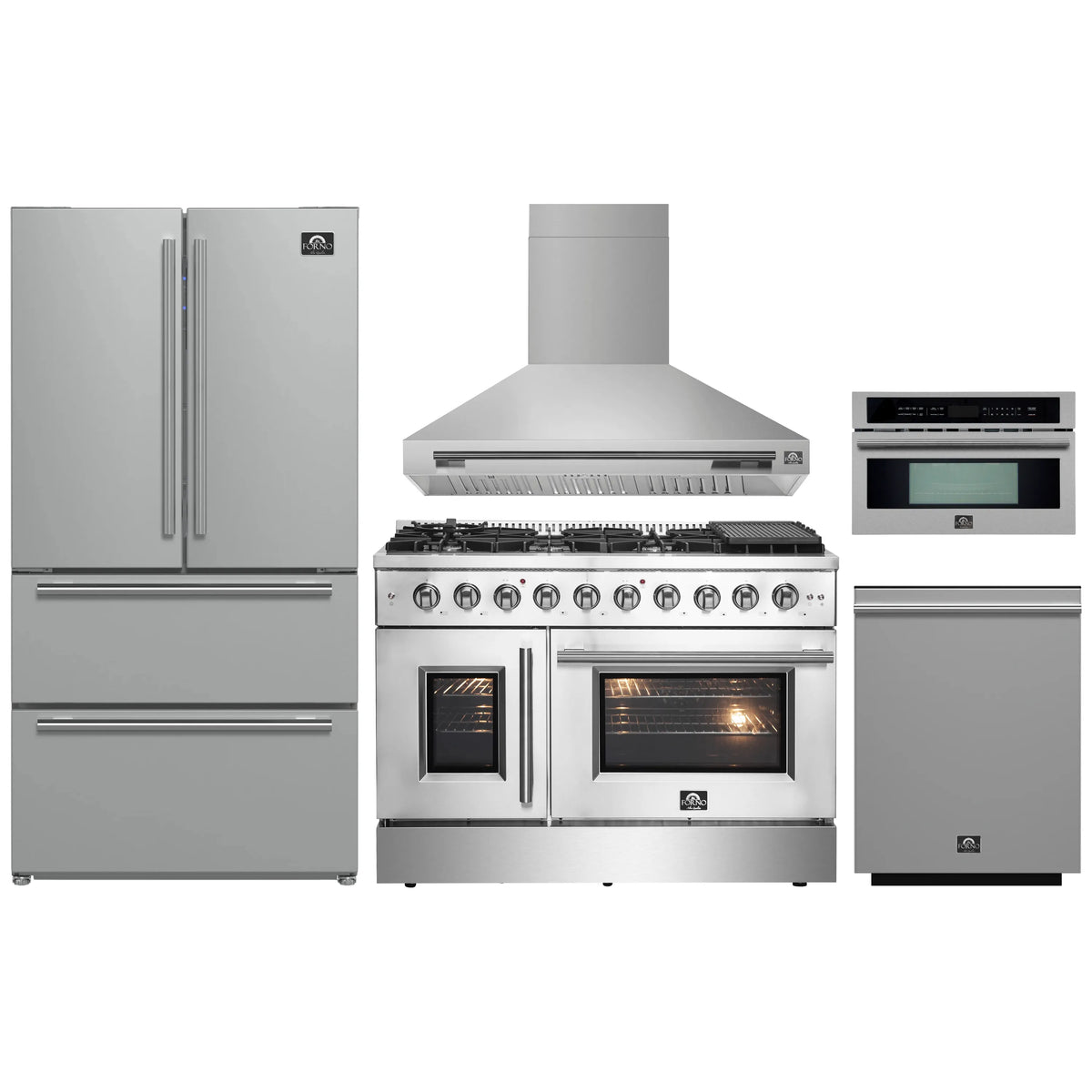 Stainless steel kitchen appliance set: refrigerator, range, hood, dishwasher, microwave