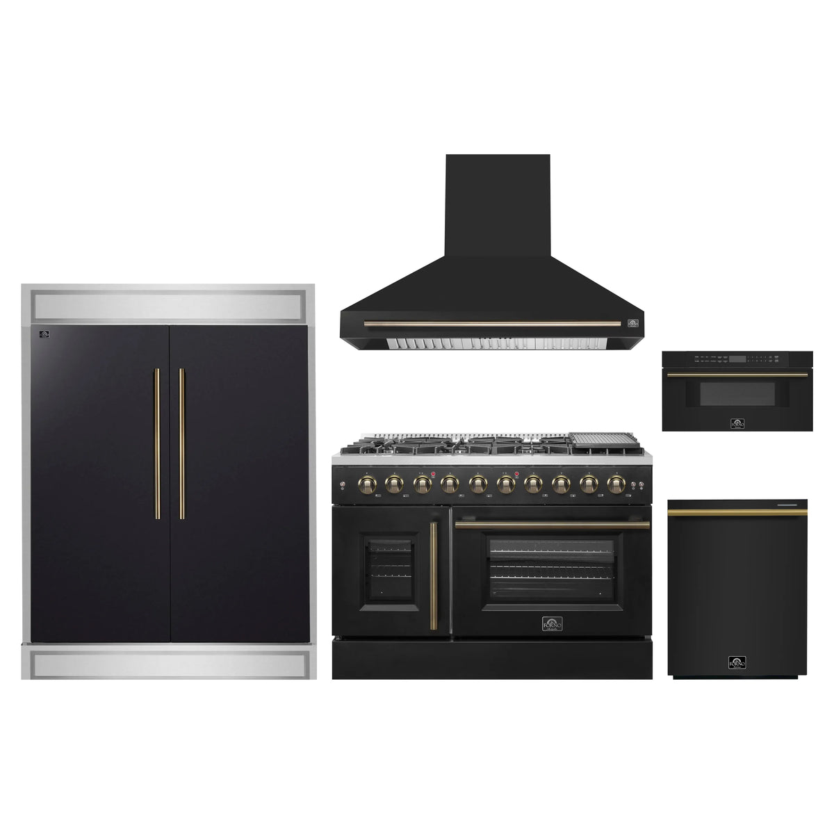 Forno 5-Piece Appliance Package - 48-inch Gas Range, Hood, Refrigerator, Dishwasher and 30-Inch Microwave Drawer in Black with Antique Brass Trim