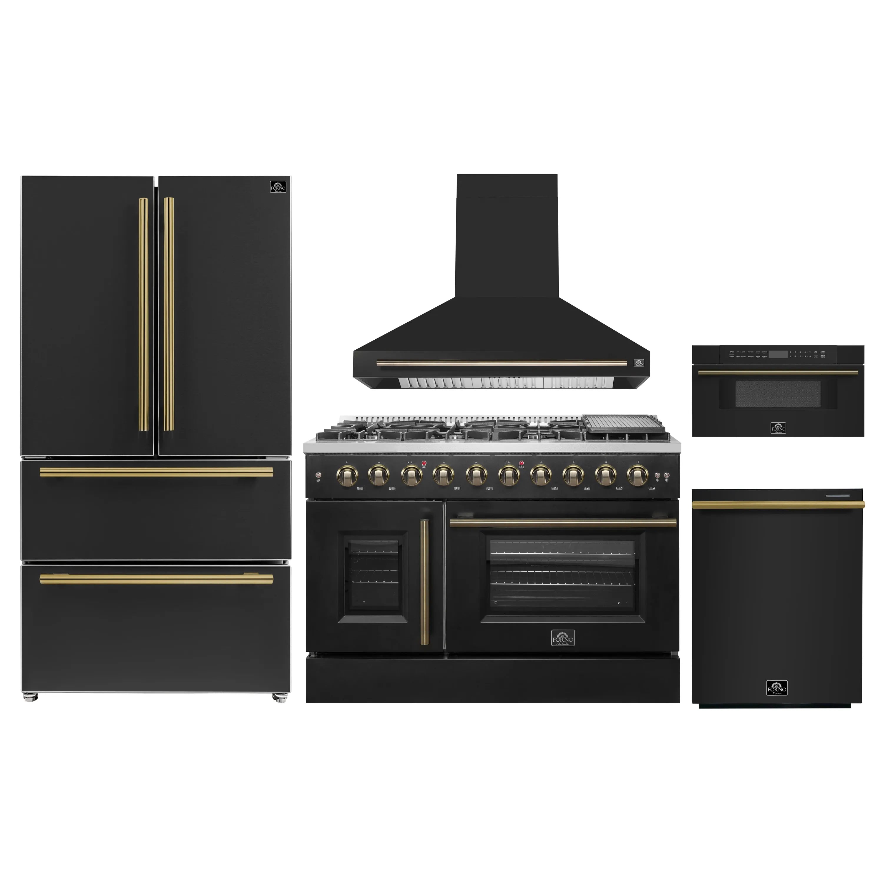 Black kitchen appliance set: refrigerator, gas range, hood, dishwasher, microwave