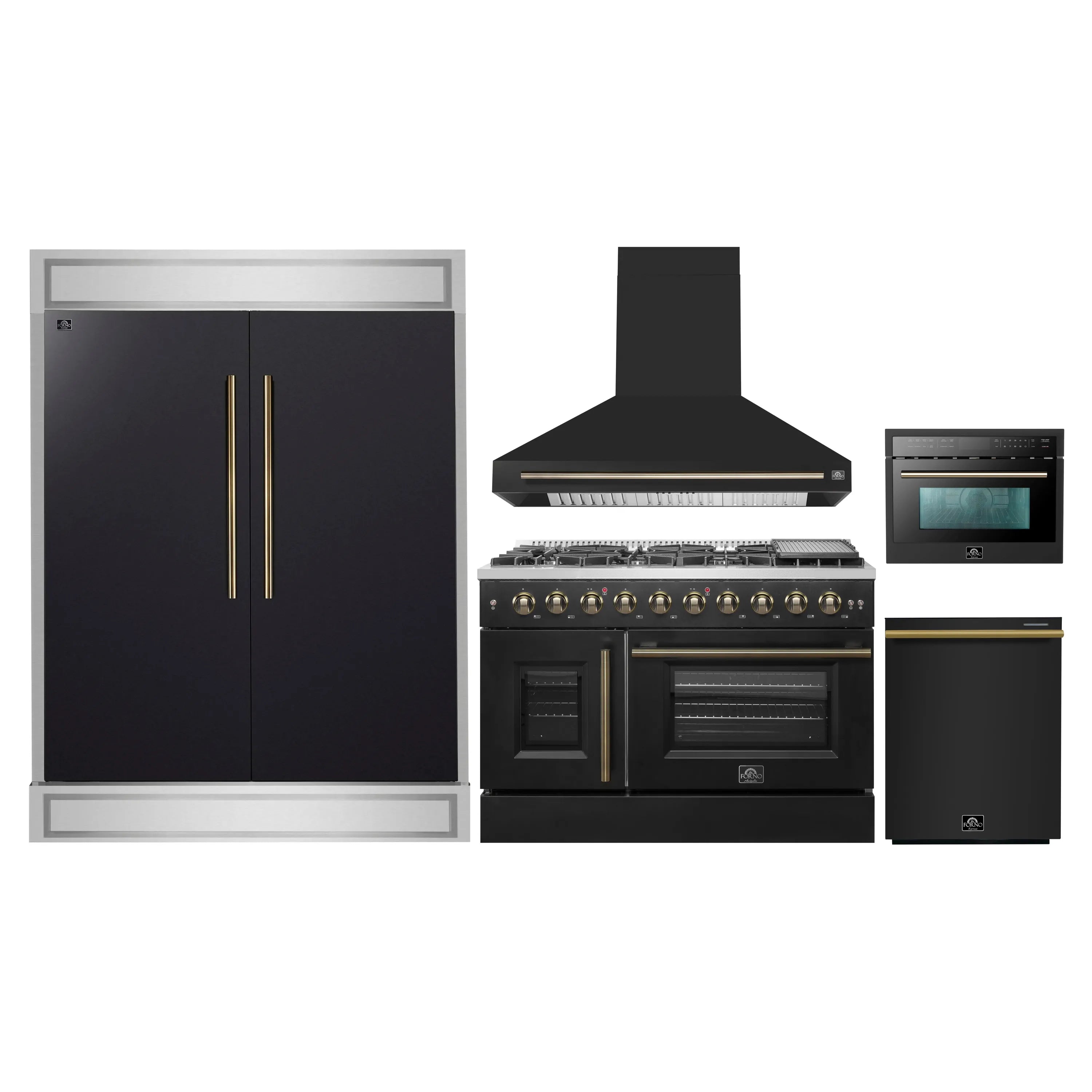 Black appliance set: refrigerator, gas range with hood, microwave, and dishwasher
