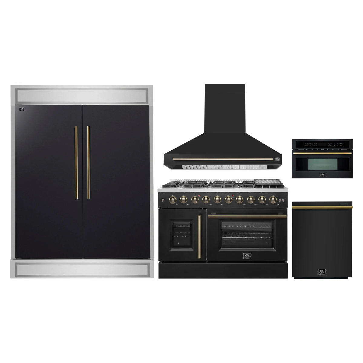 Black kitchen appliance bundle with range hood, gas range, refrigerator, and microwave