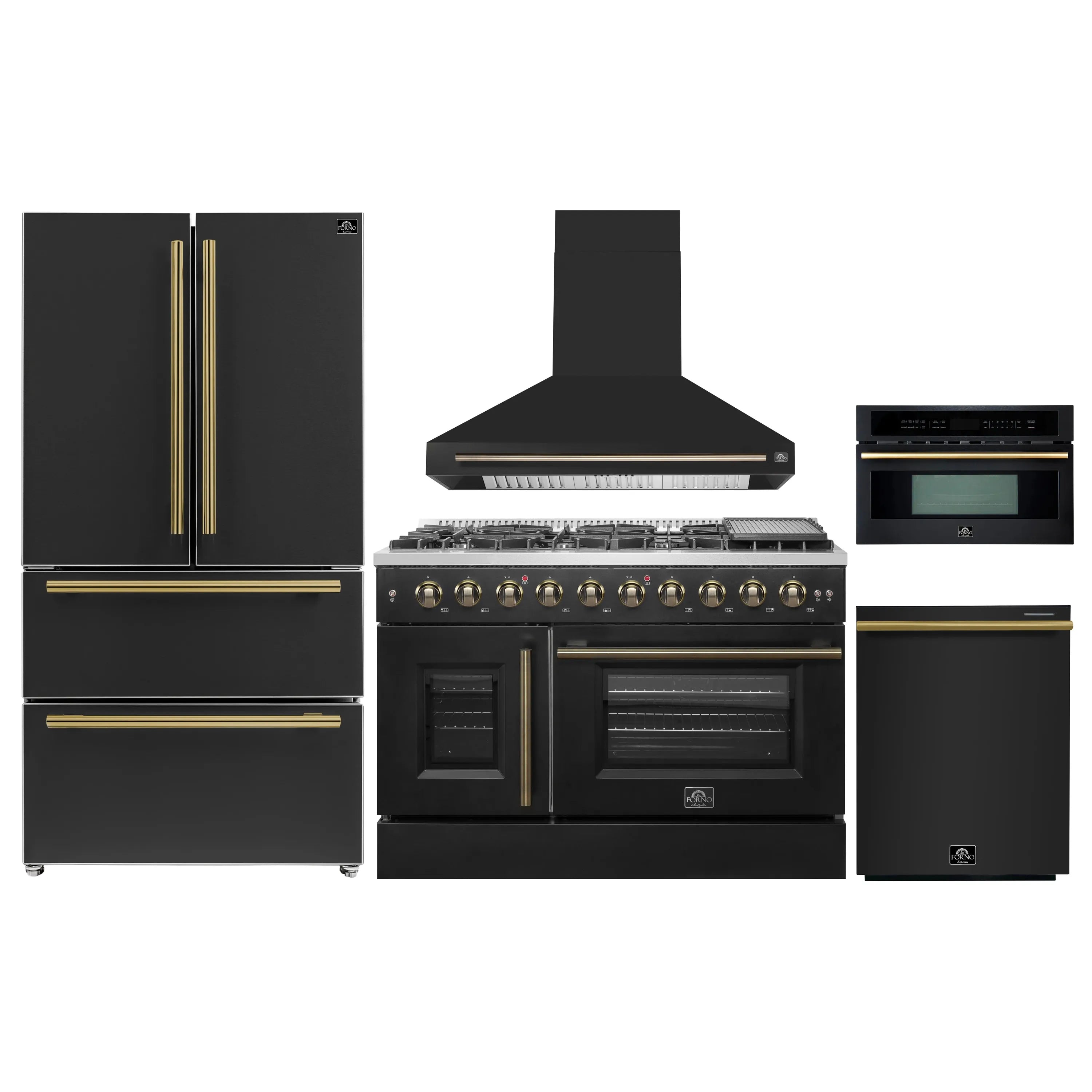 Black kitchen appliance bundle: refrigerator, gas range with hood, dishwasher, microwave