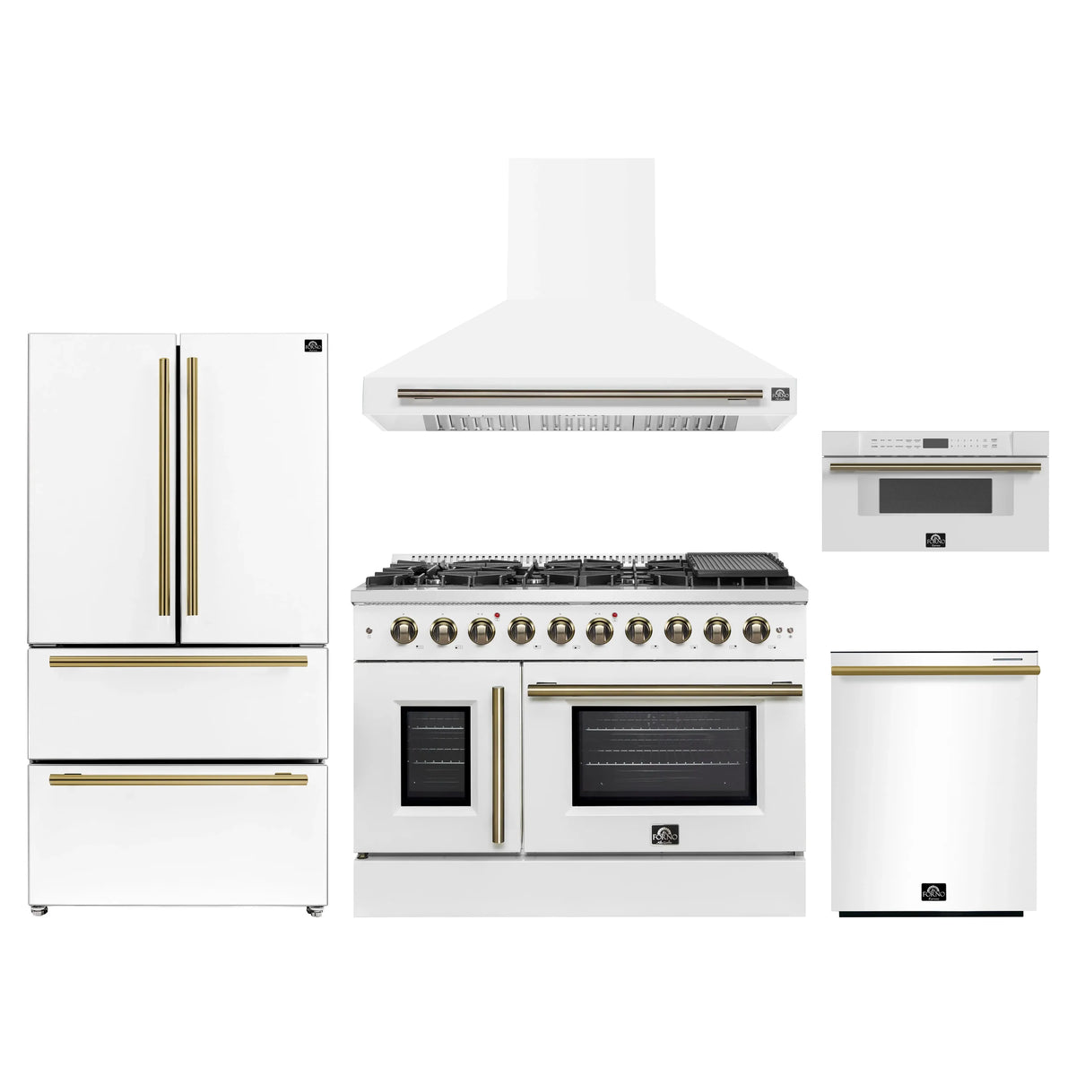 Forno 5-Piece Appliance Package - 48-inch Gas Range, Hood, Refrigerator, Dishwasher and 30-Inch Microwave Drawer in White with Antique Brass Trim