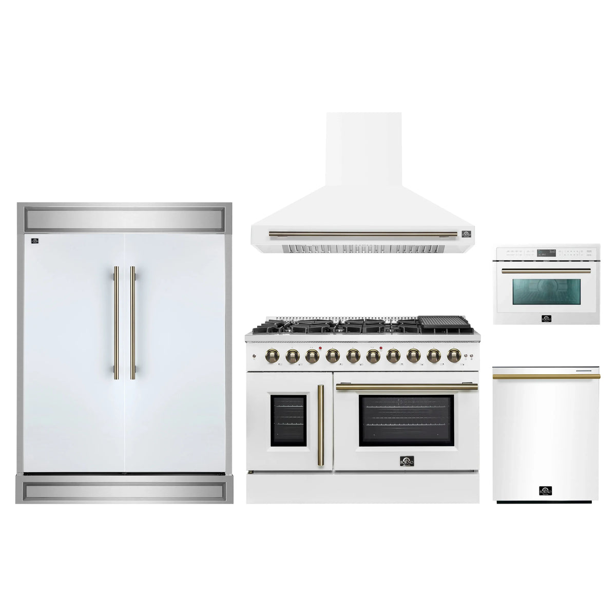 Forno 5-Piece Appliance Package - 48-inch Gas Range, Hood, Refrigerator, Dishwasher and 24-Inch Microwave Oven in White with Antique Brass Trim
