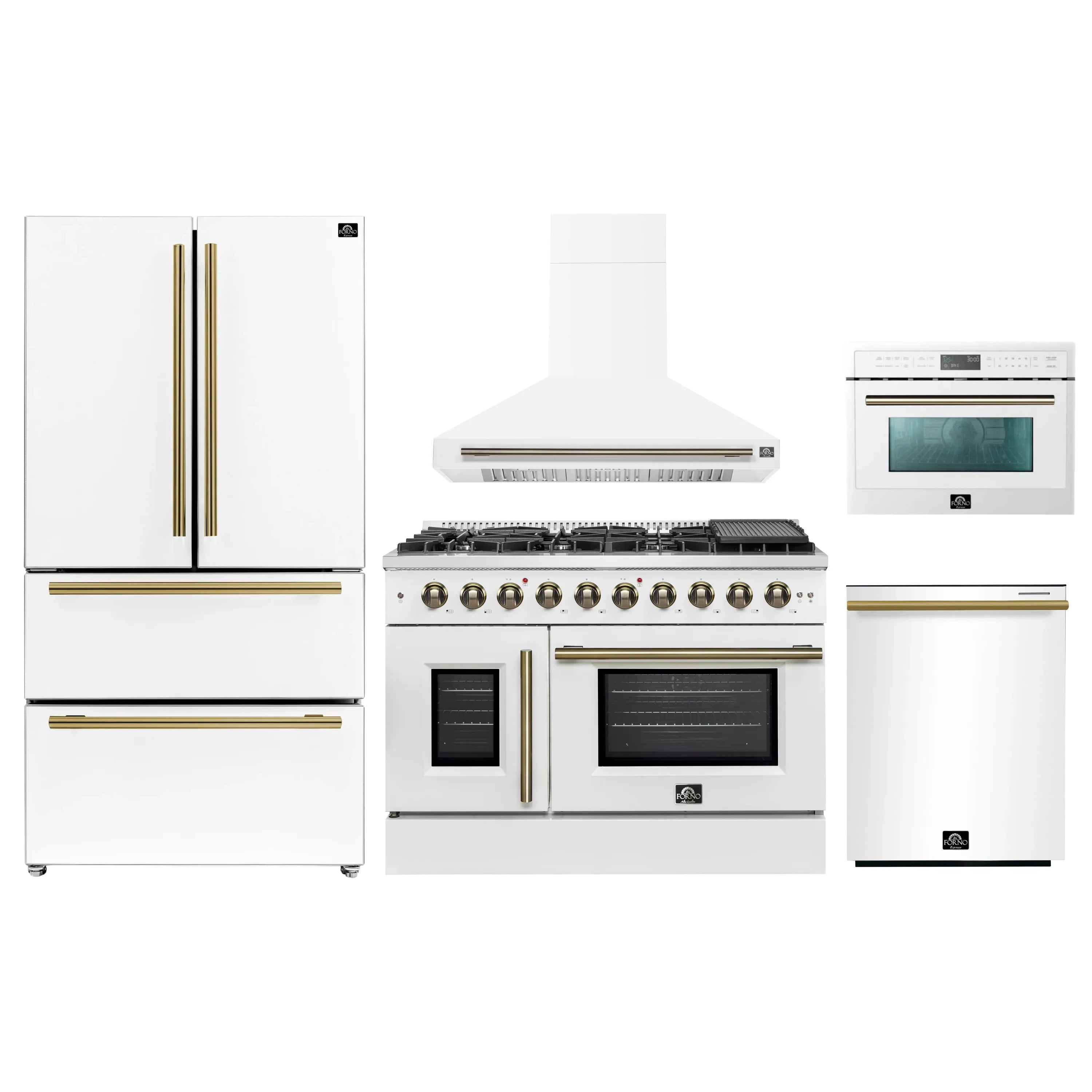White appliance set with gas range, refrigerator, dishwasher, hood and microwave