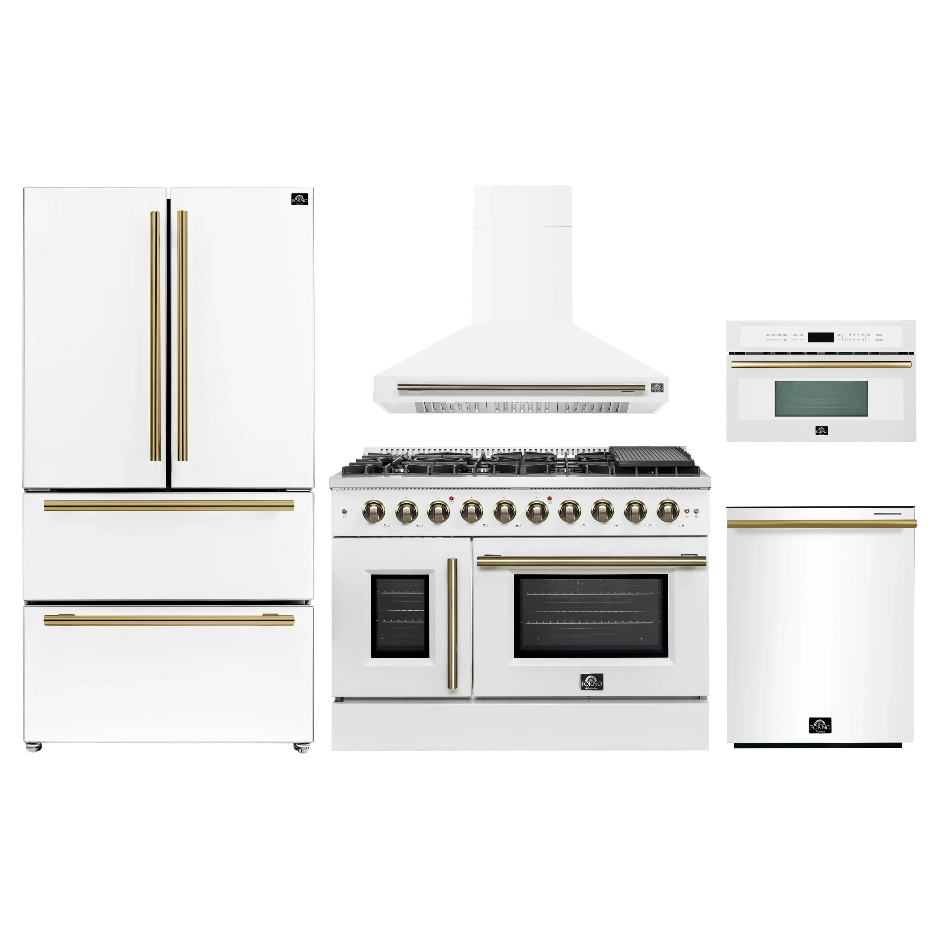 White kitchen appliance package: refrigerator, gas range, hood, dishwasher, and microwave